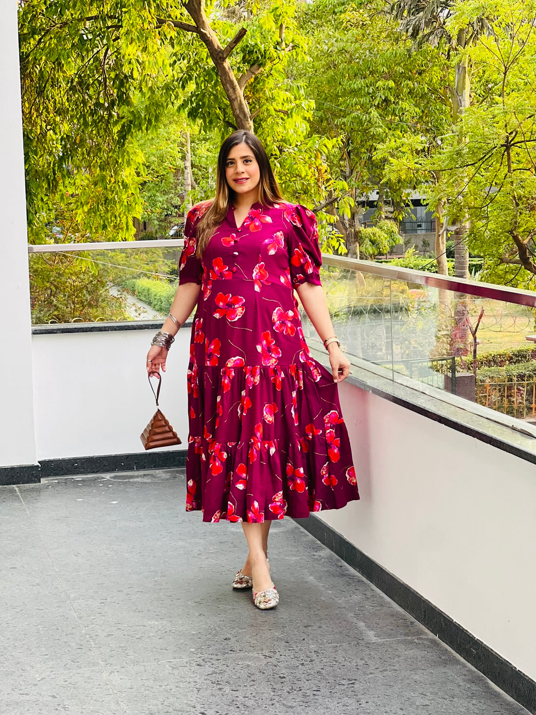 Wine Floral Midi Dress