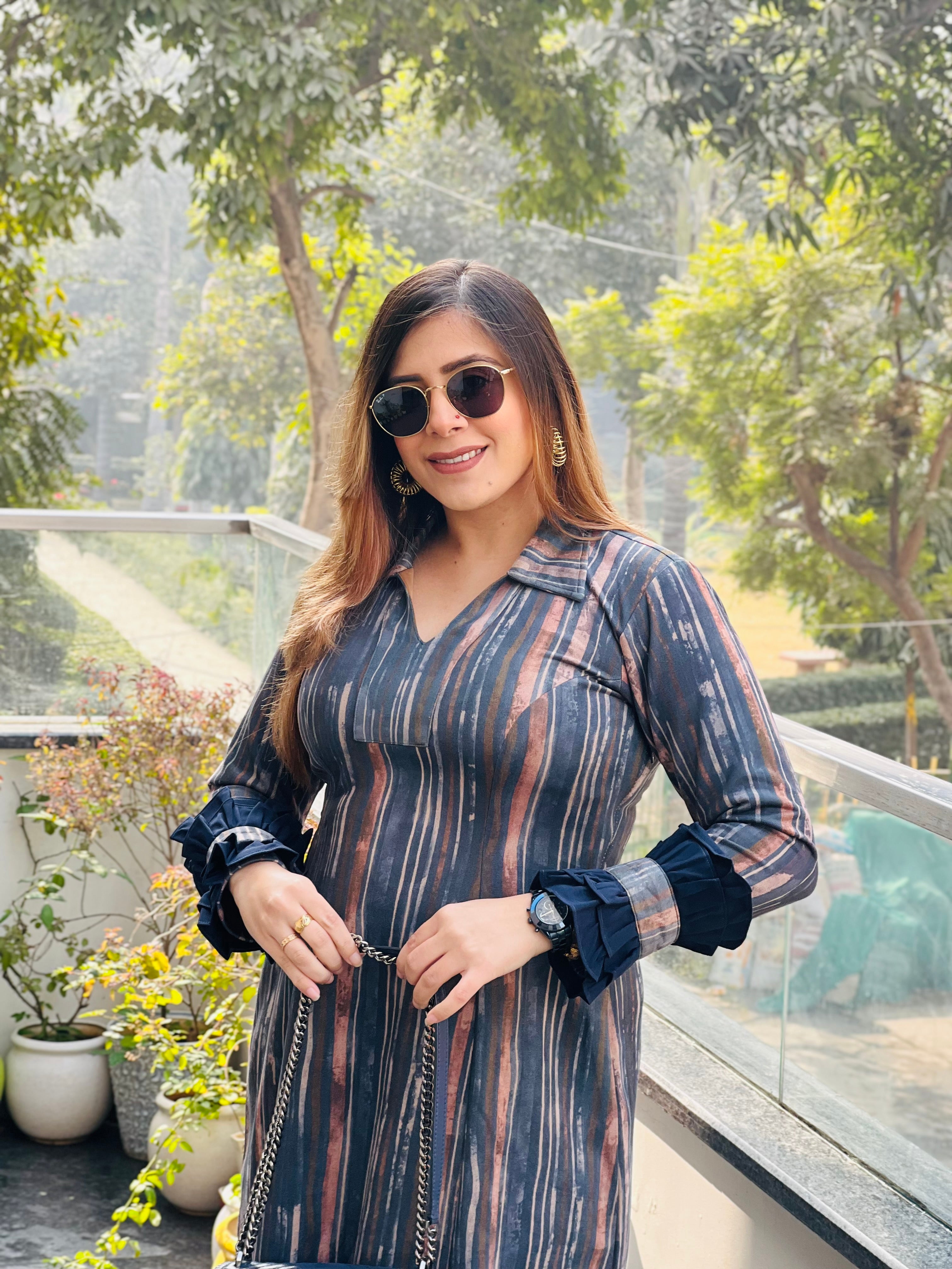 Blue Stripes Suede Dress