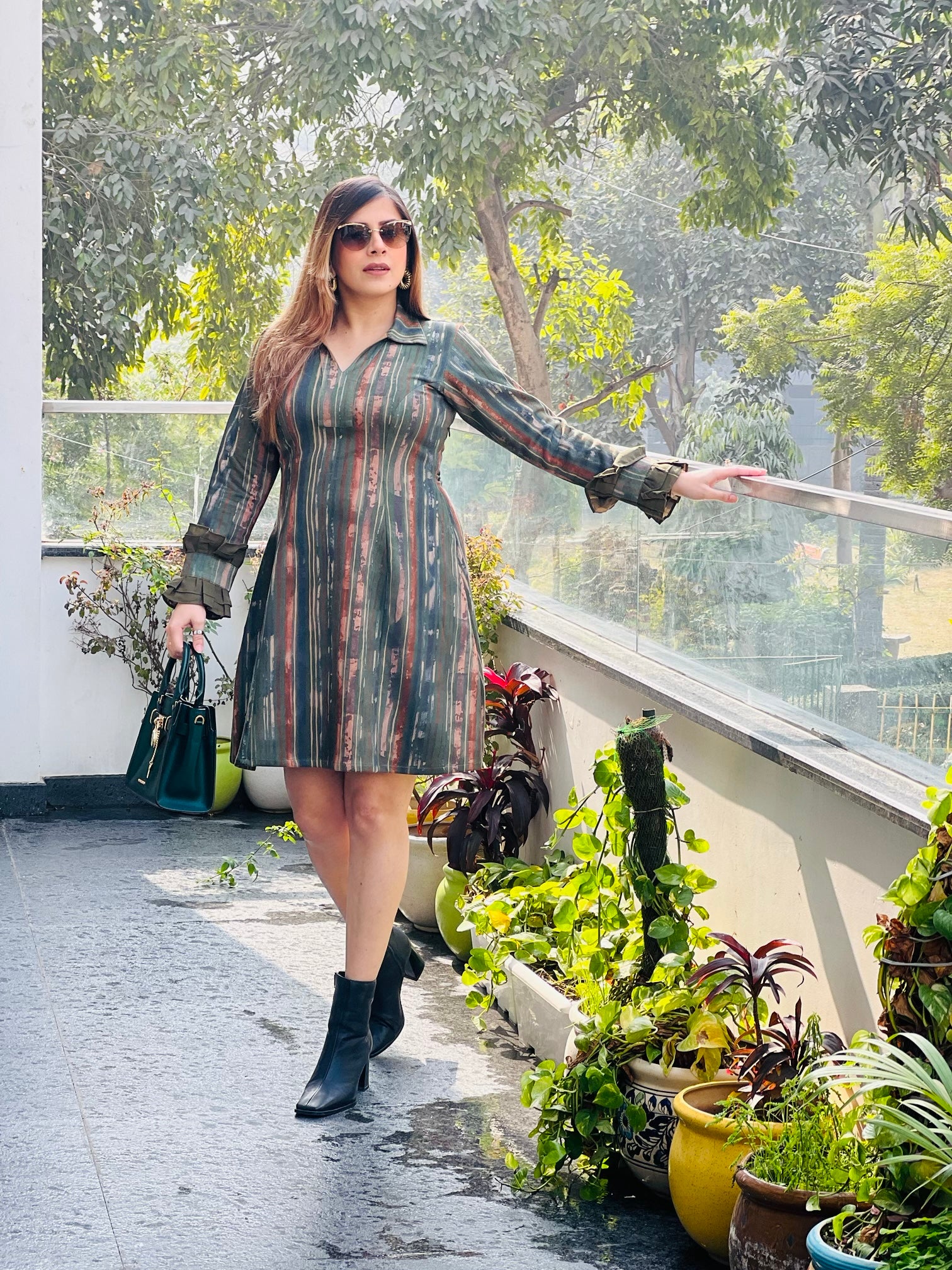 Green stripes suede dress