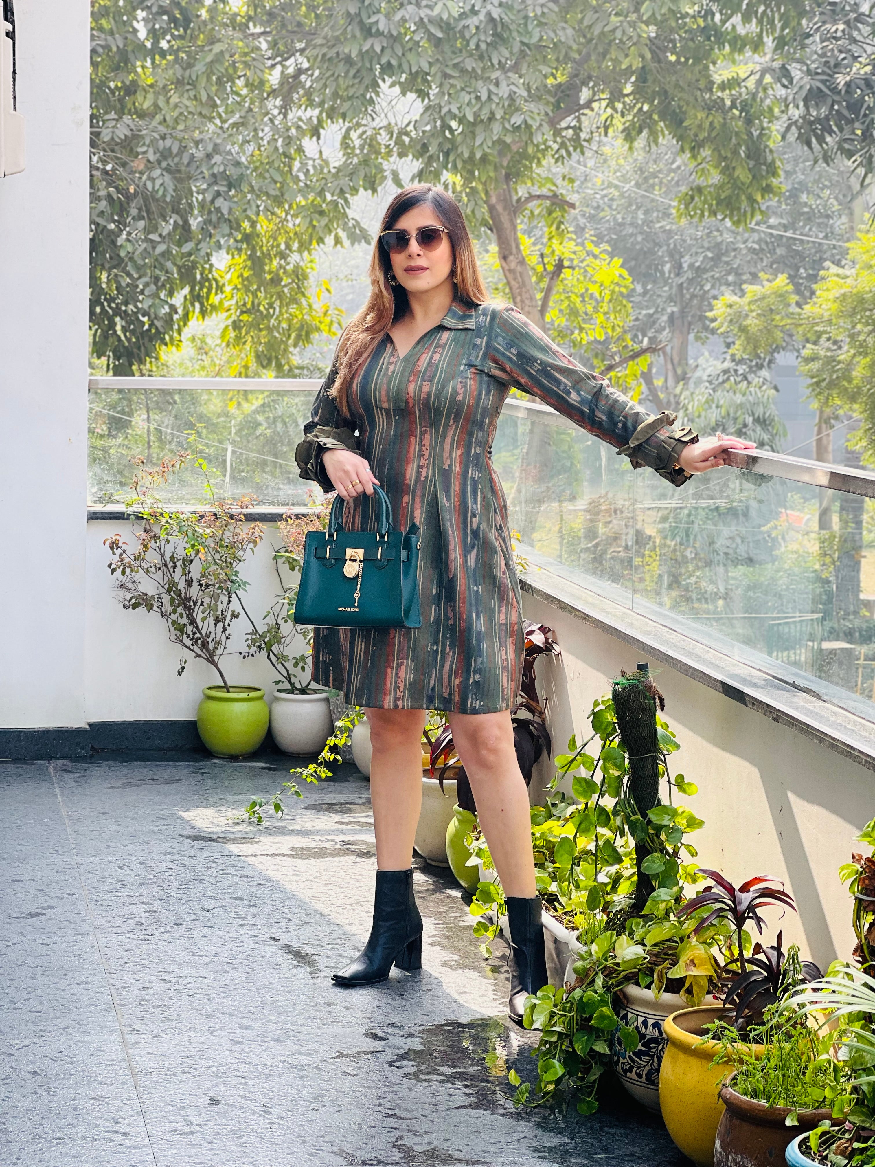 Green stripes suede dress