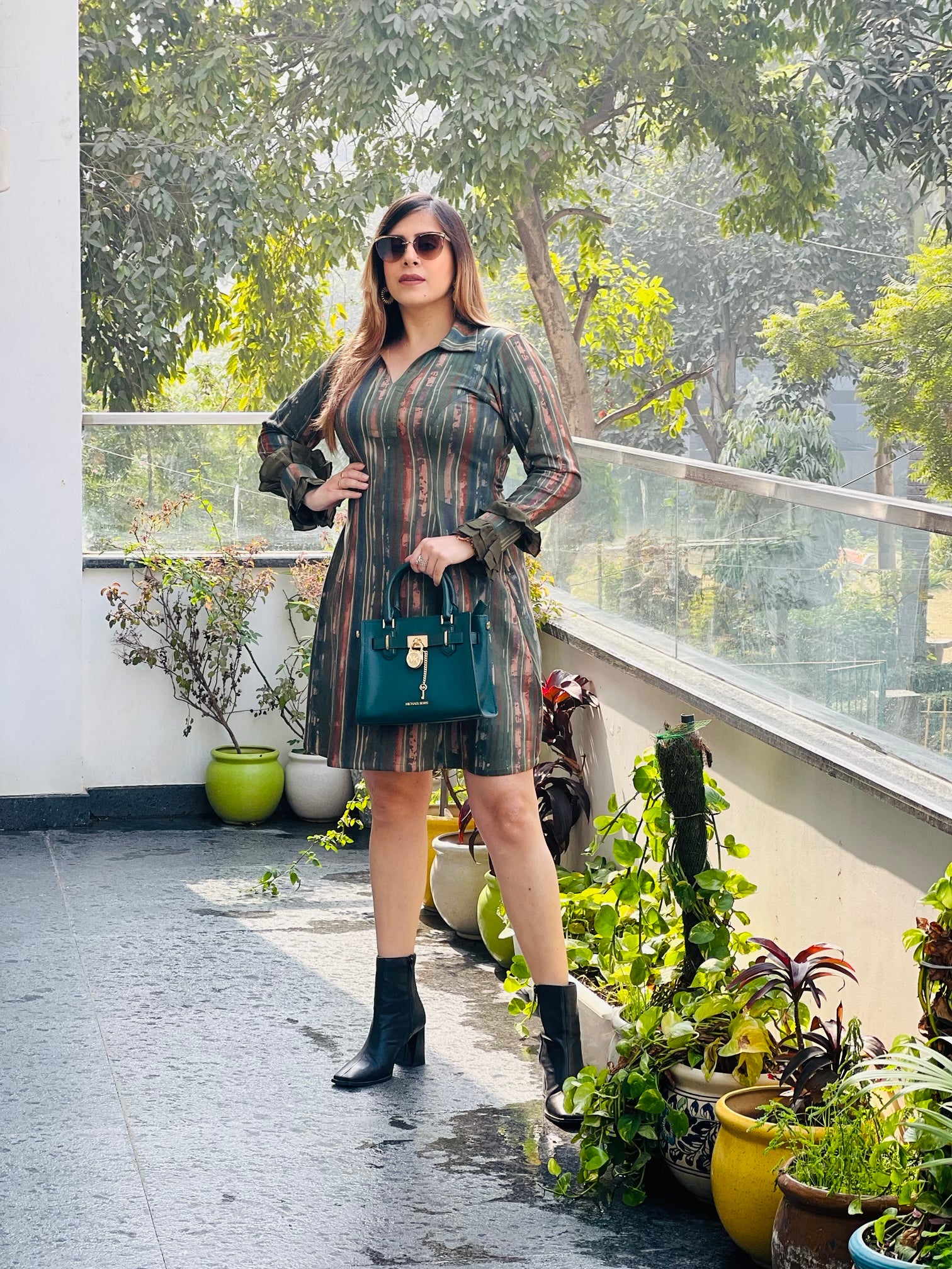 Green stripes suede dress