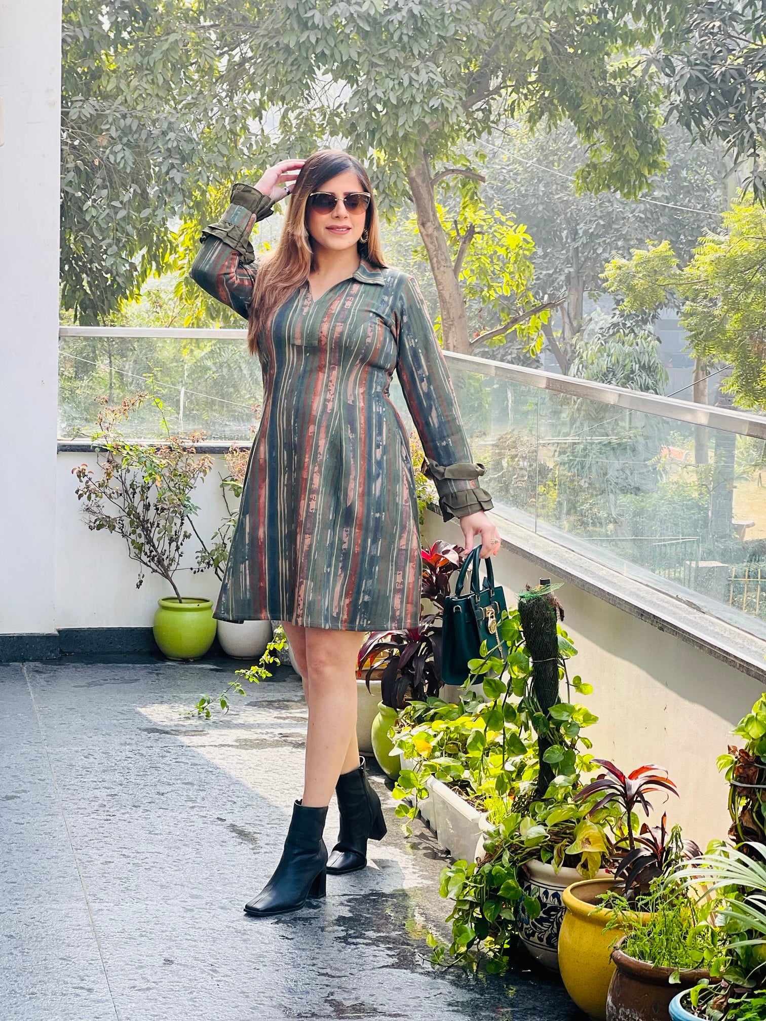 Green stripes suede dress