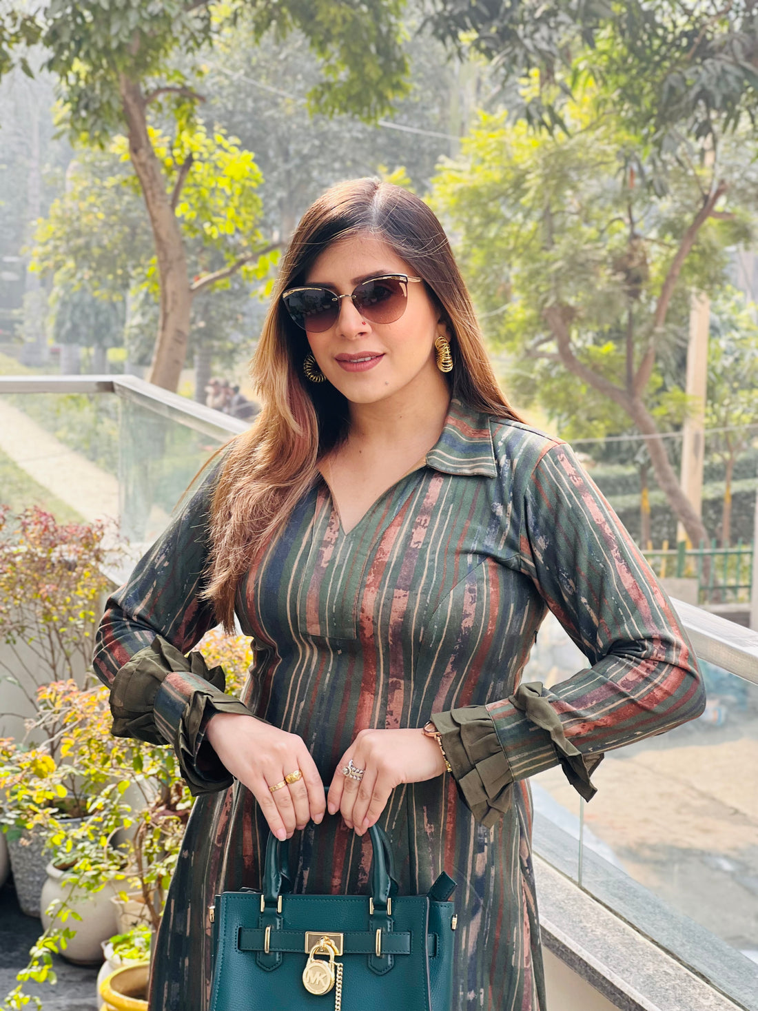 Green stripes suede dress