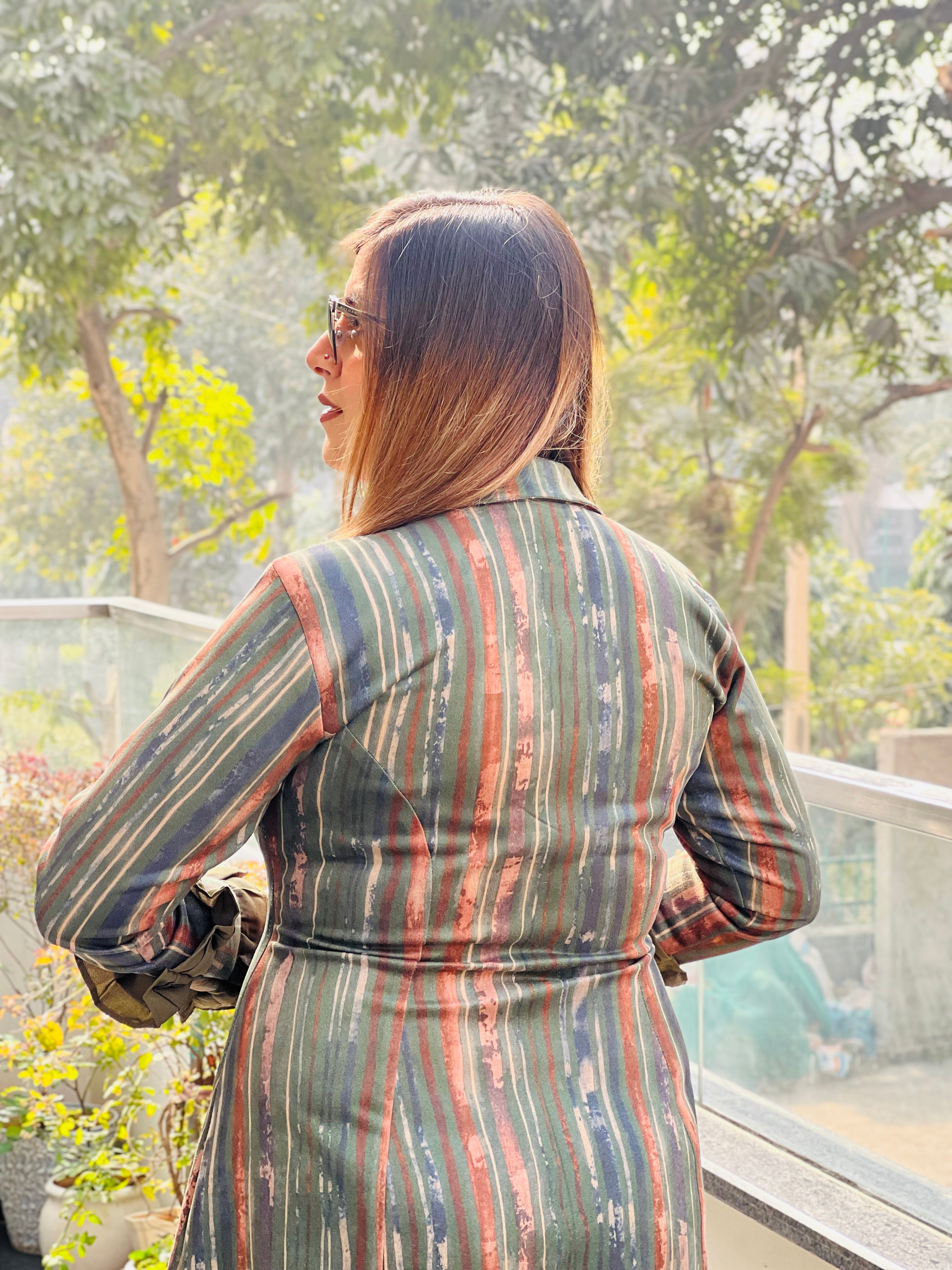 Green stripes suede dress