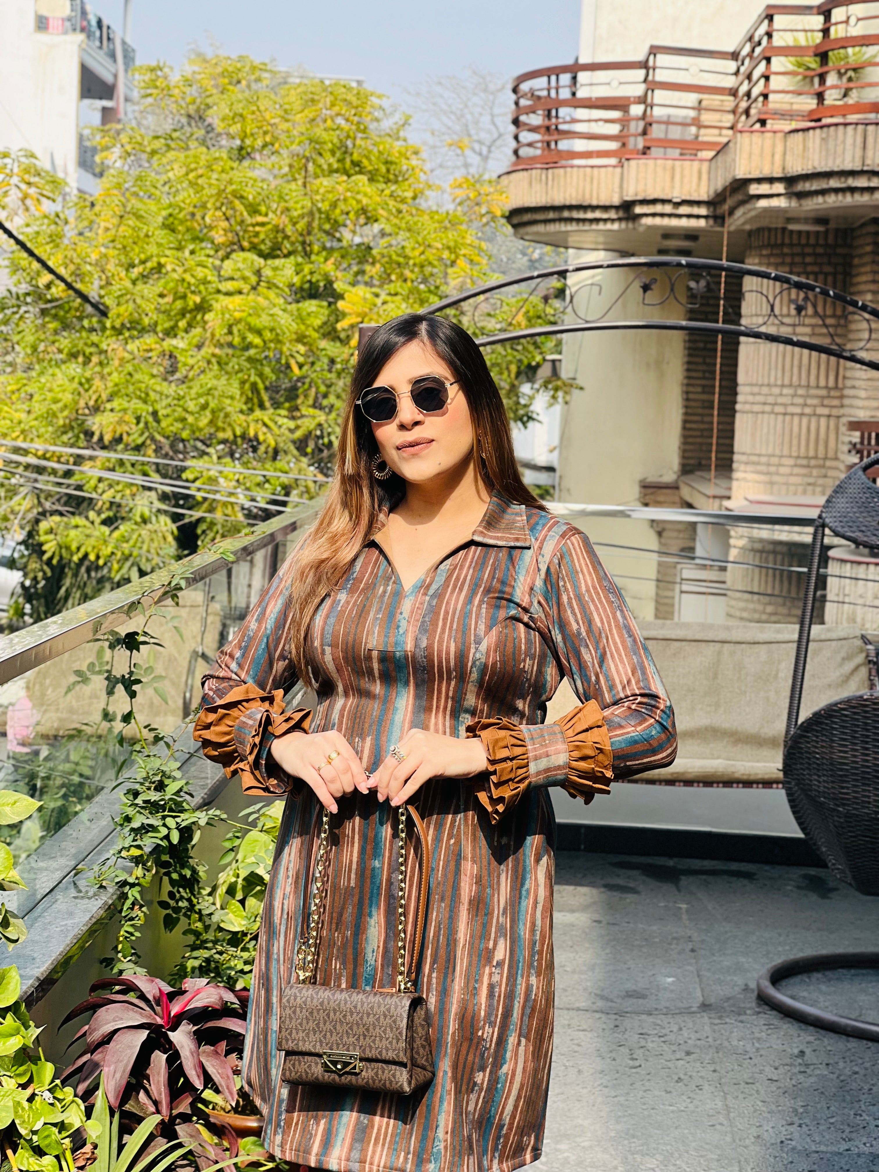 Brown Stripes Suede Dress