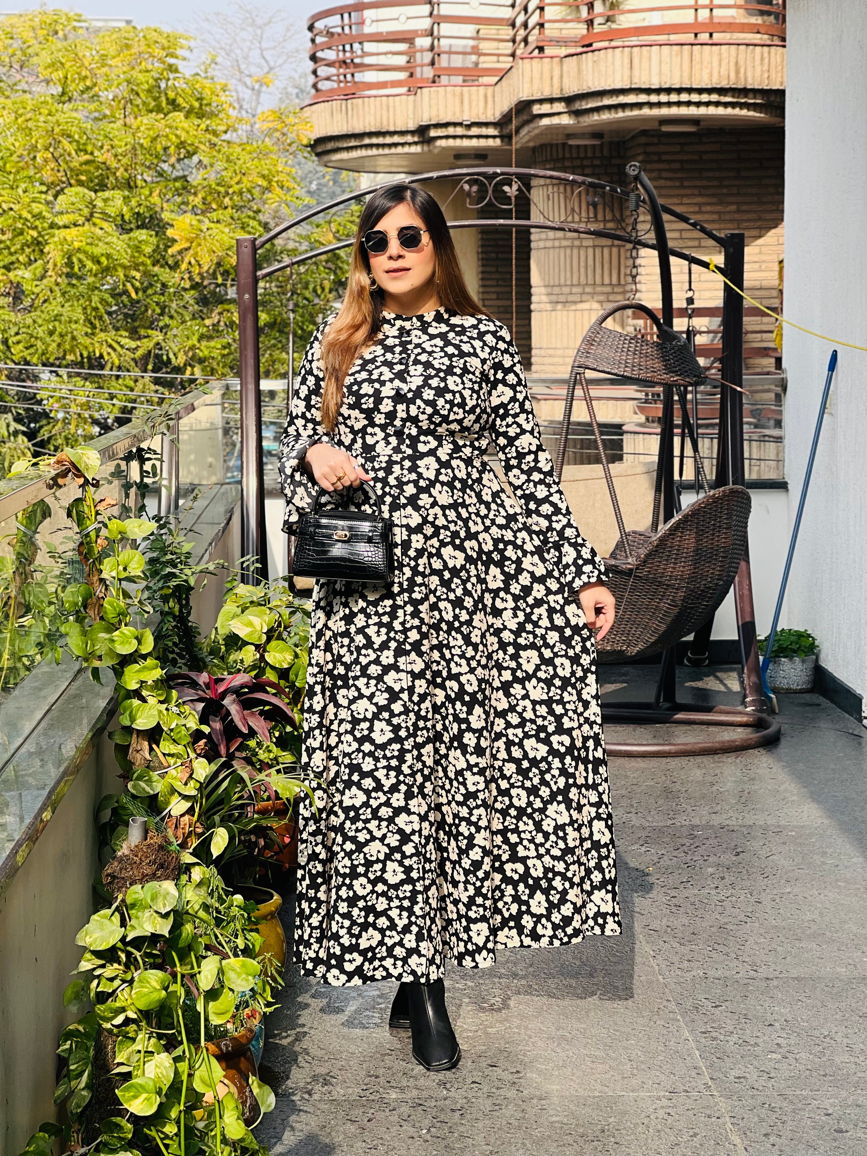 Monochrome Floral Slit Top