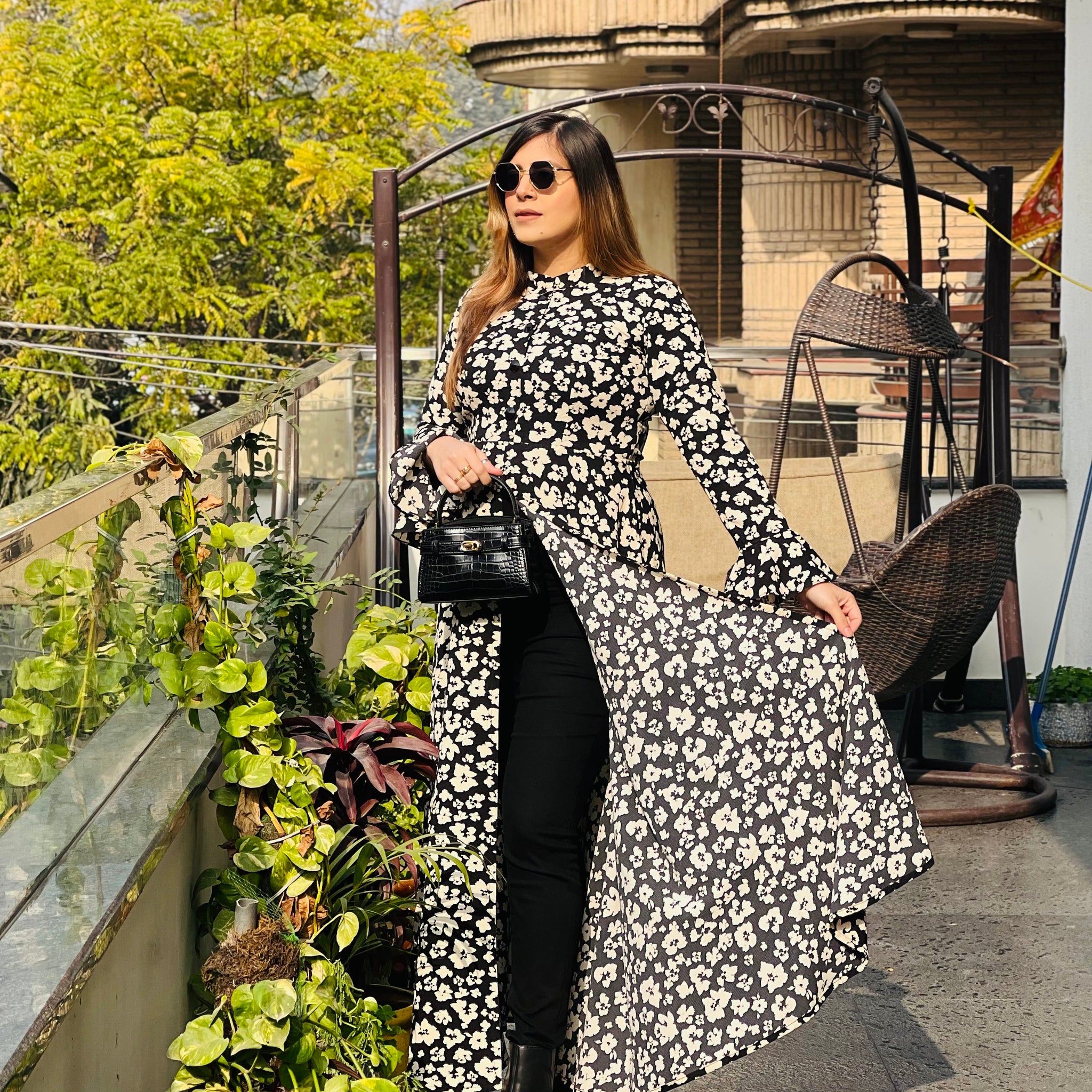 Monochrome Floral Slit Top