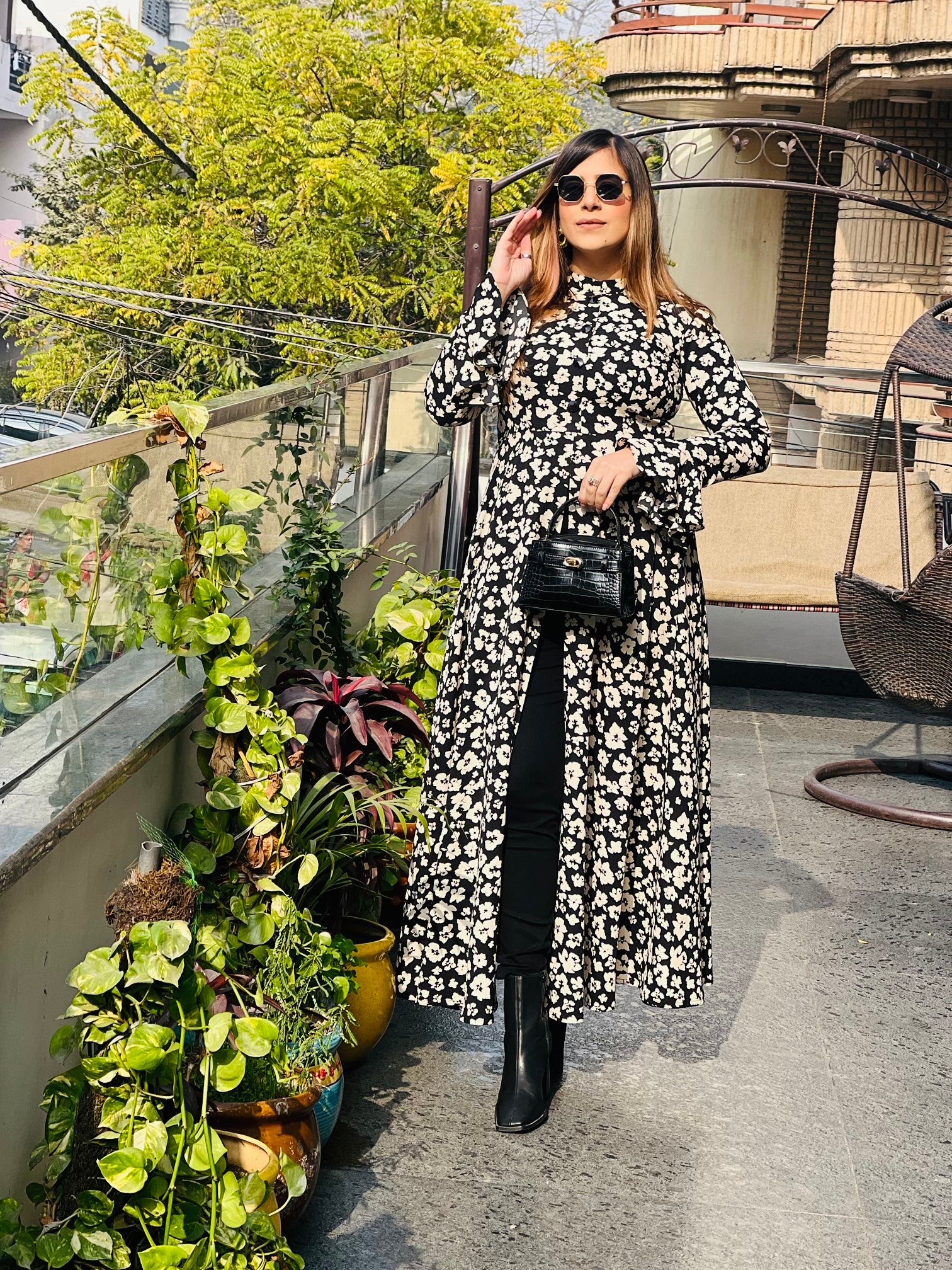 Monochrome Floral Slit Top