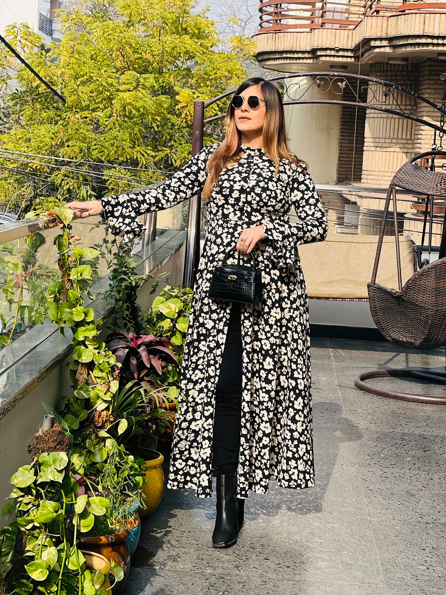 Monochrome Floral Slit Top