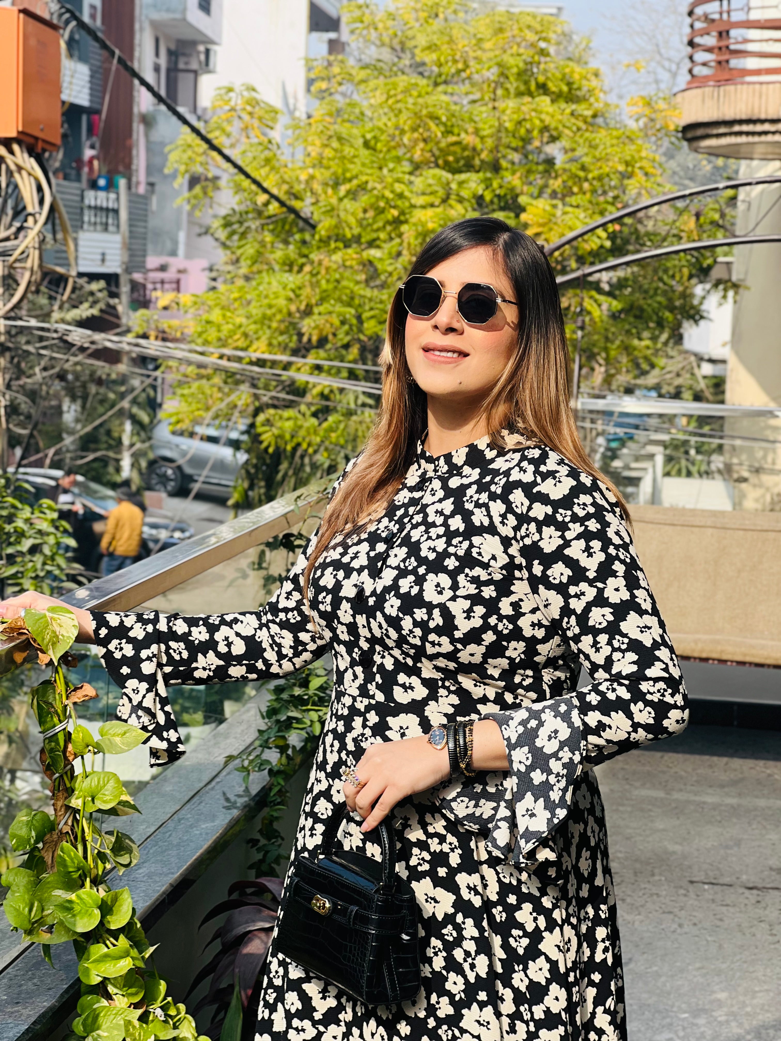 Monochrome Floral Slit Top