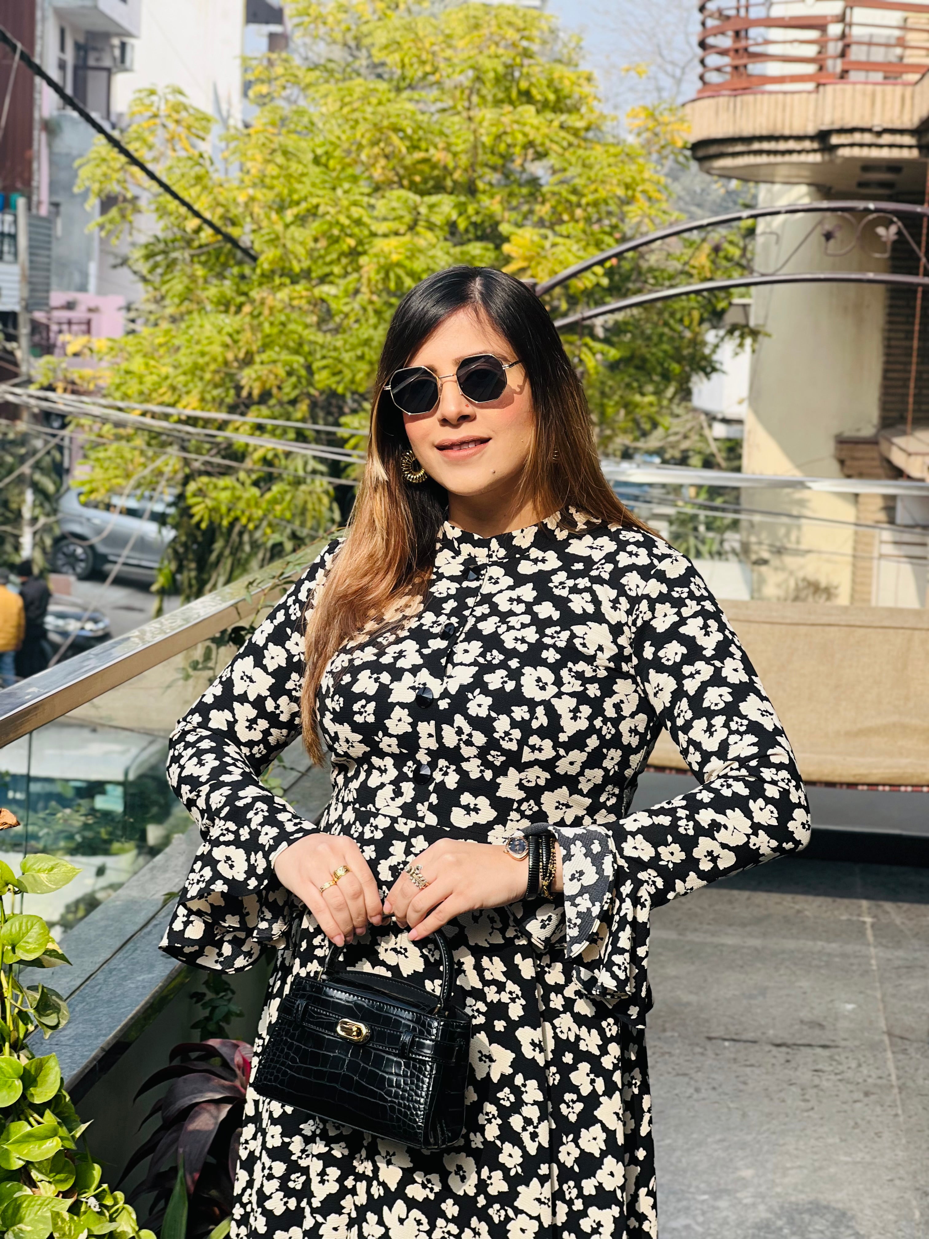 Monochrome Floral Slit Top