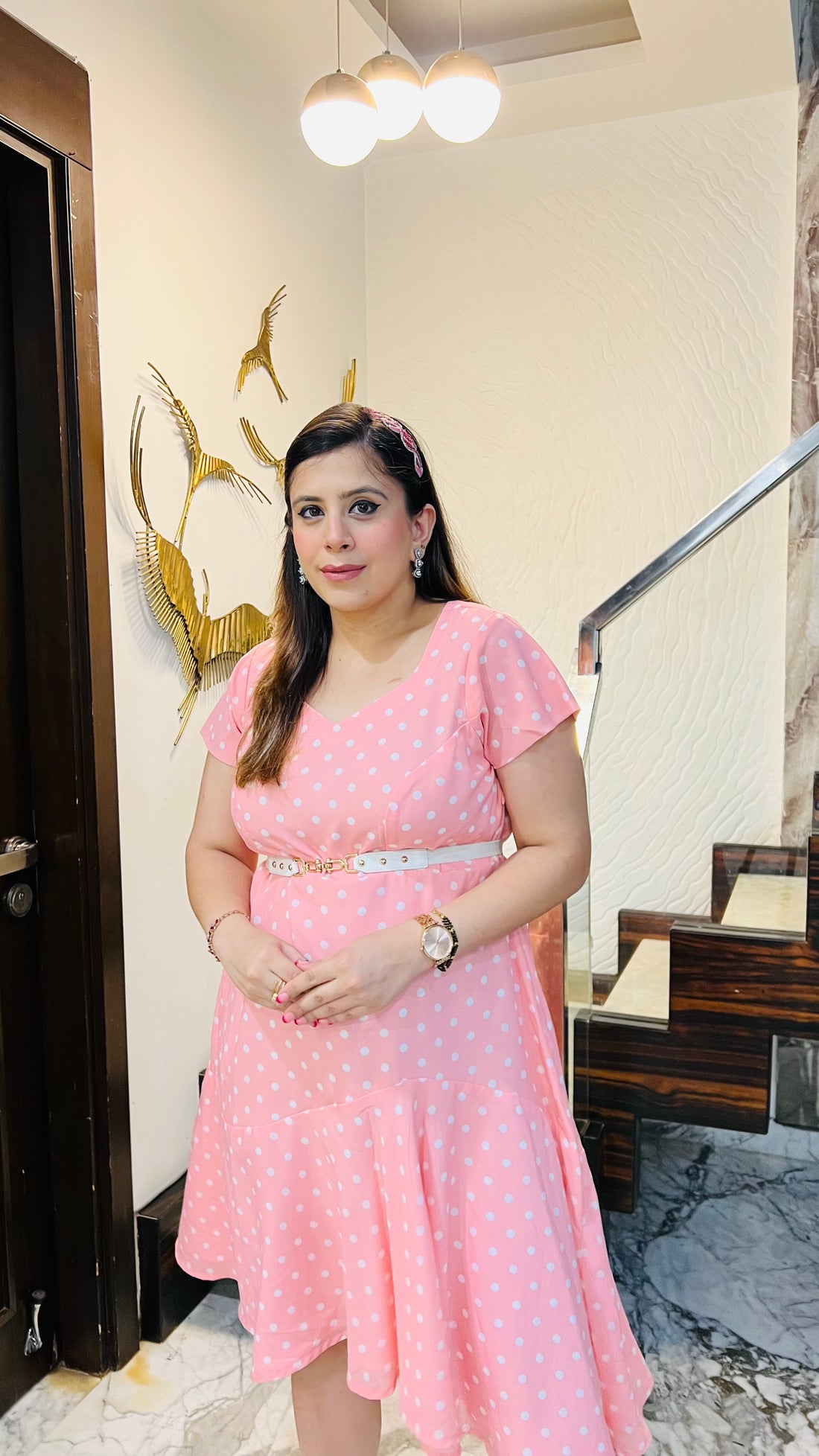 Baby Pink Polka Dot Midi Dress