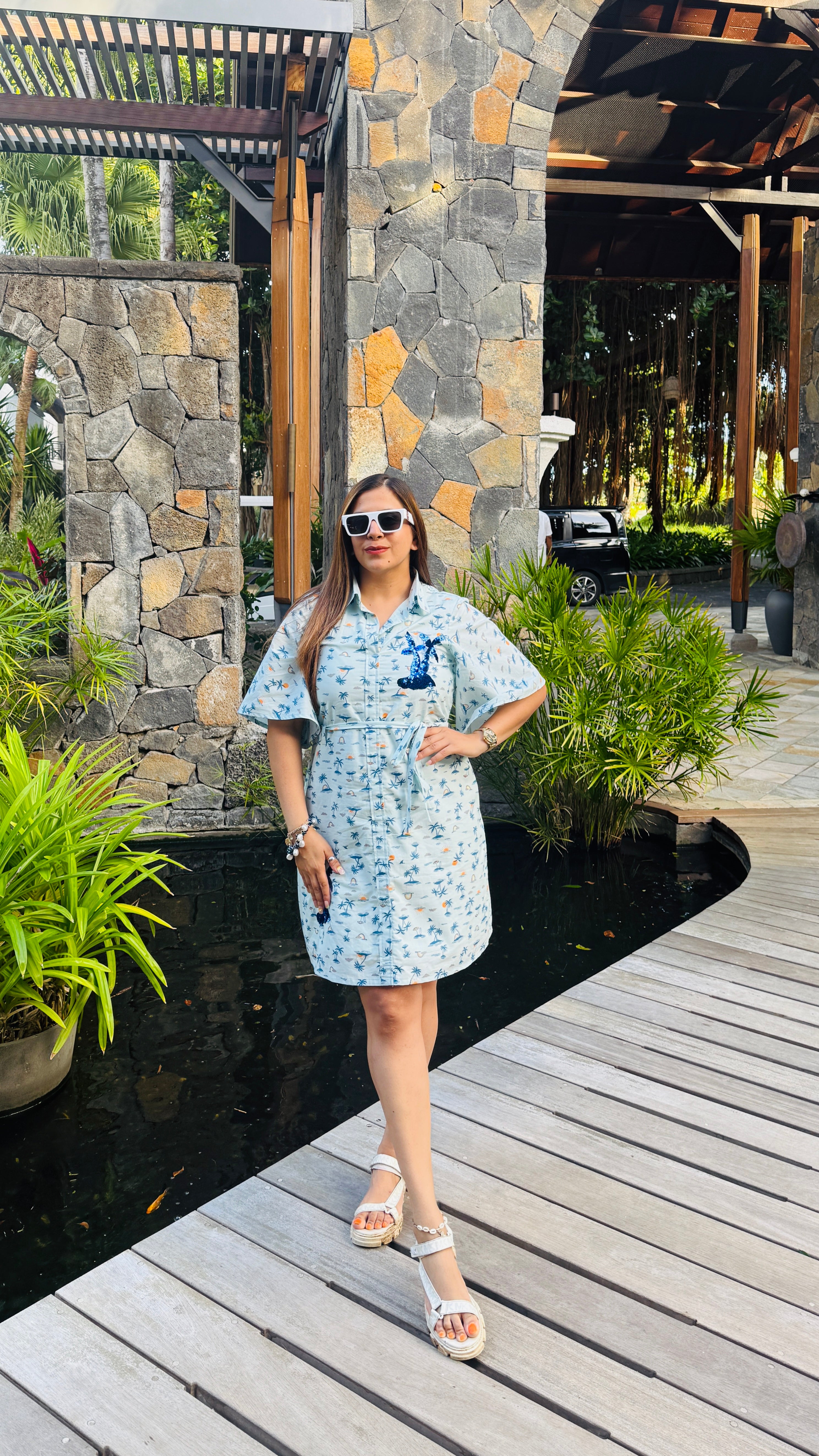 Palm Embroidered Airport Dress