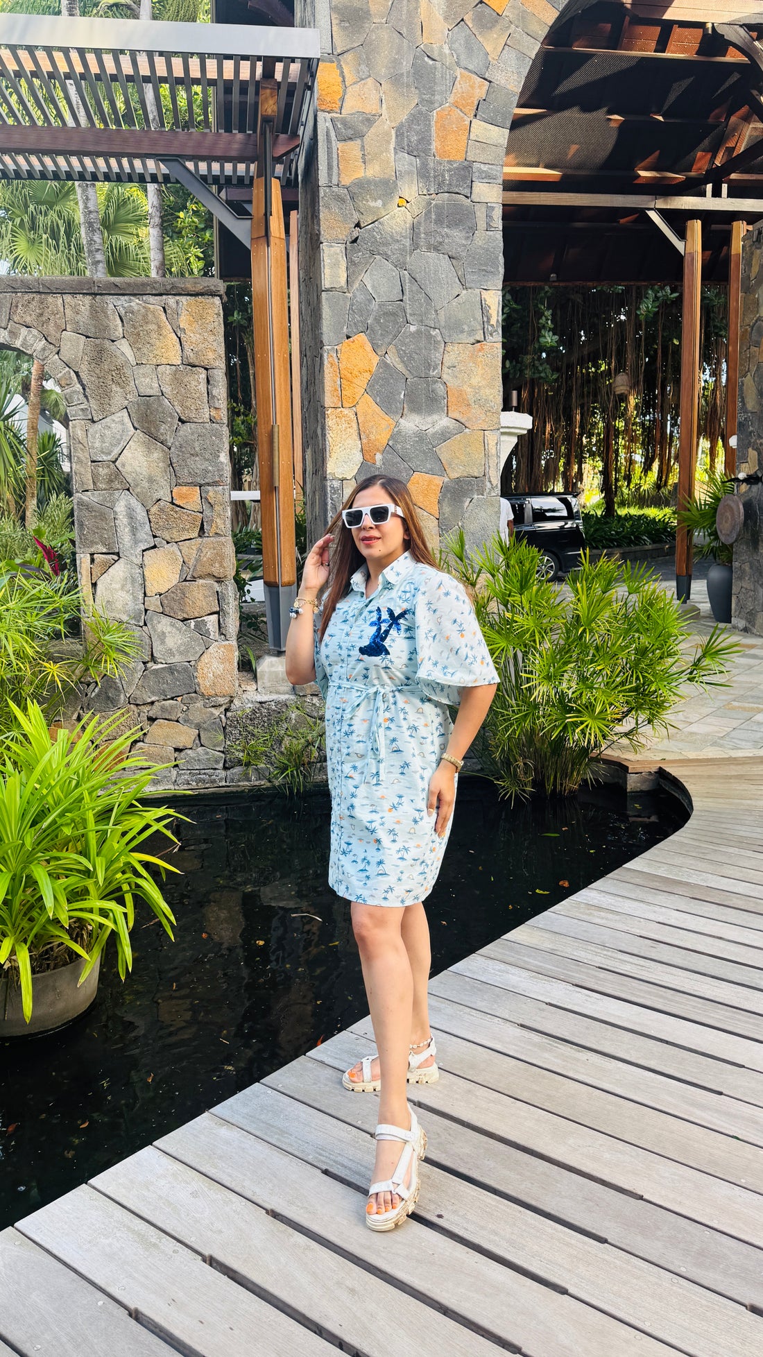 Palm Embroidered Airport Dress