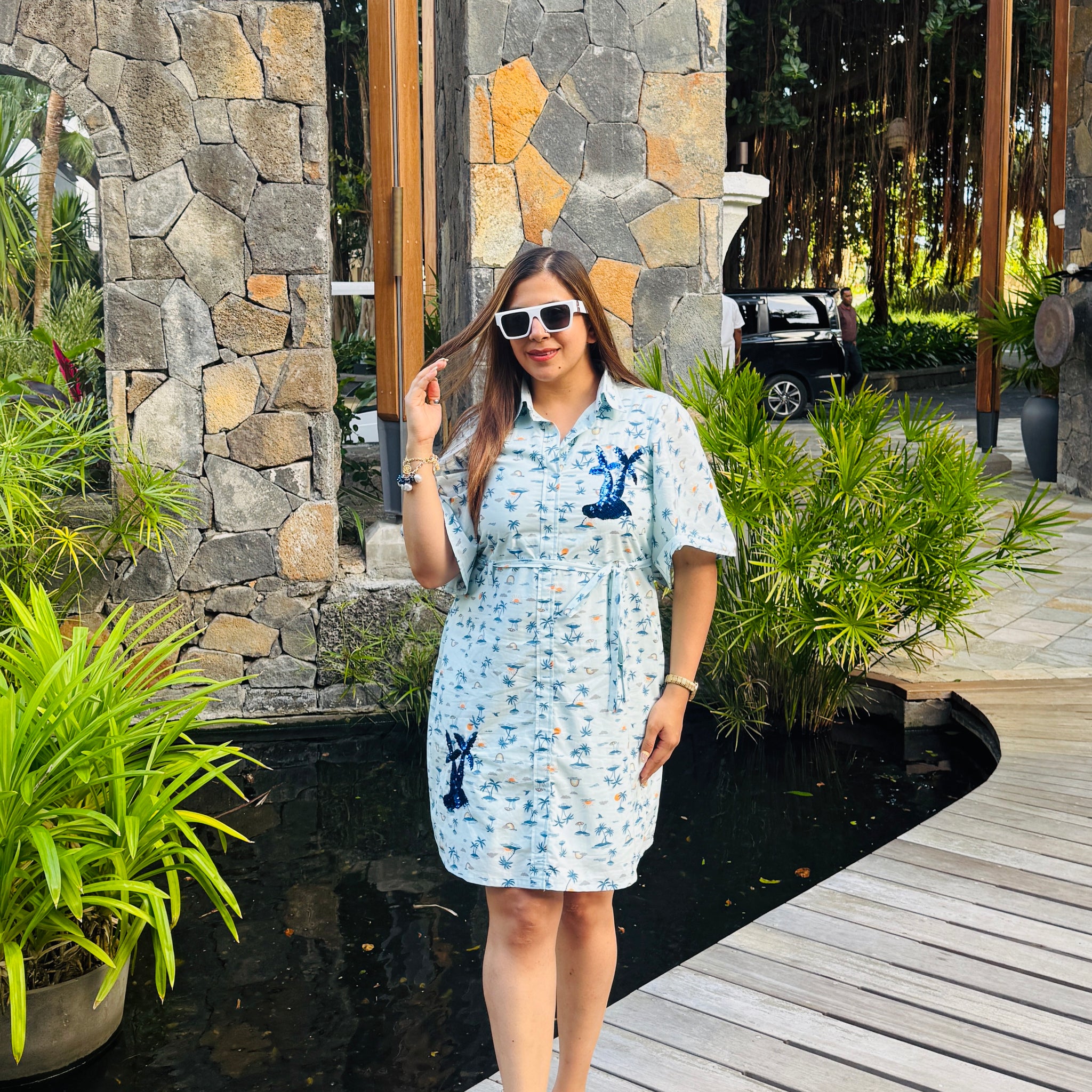 Palm Embroidered Airport Dress