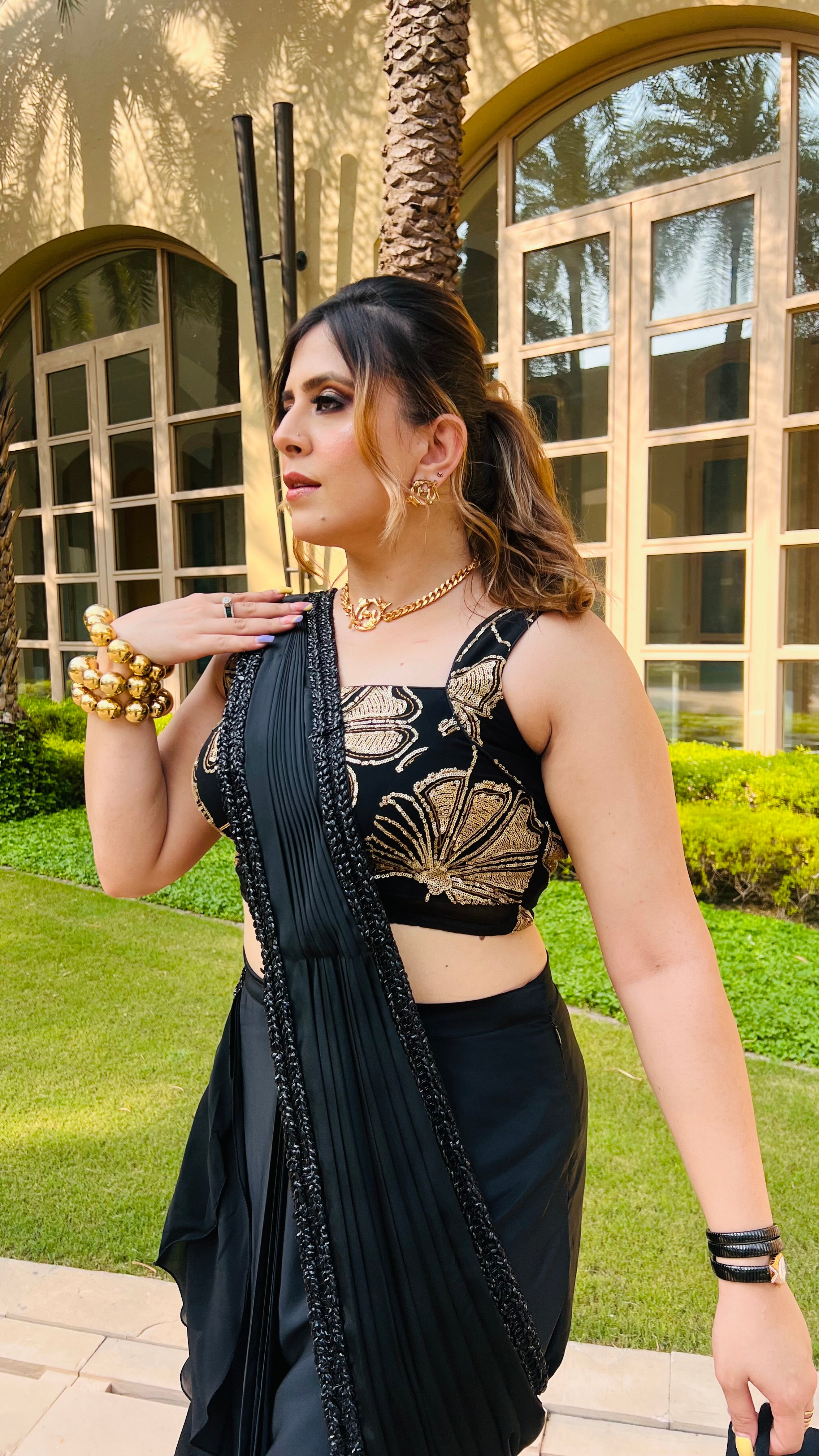Black Slit Drape Saree