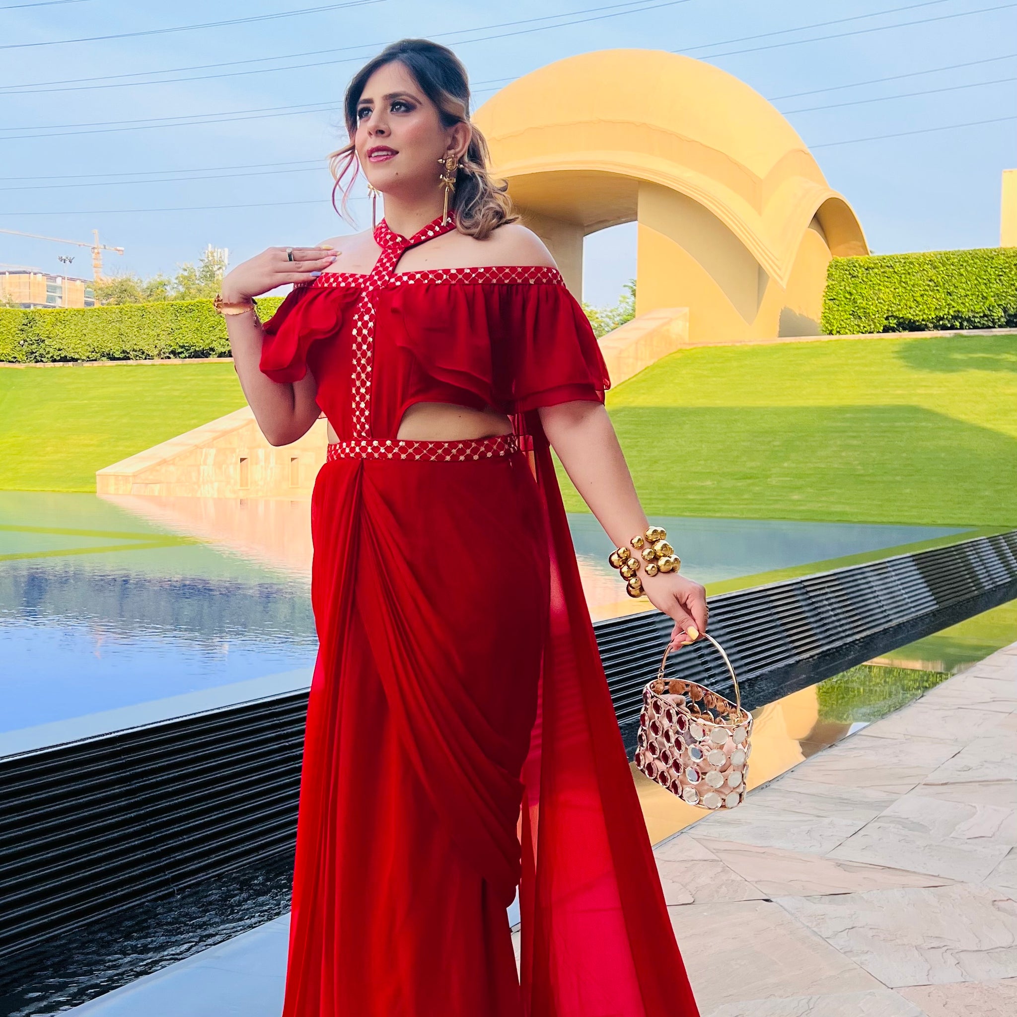 red saree dress design Red Chinon Georgette Draped Gown Saree Design by Baidehi at Pernia's Pop Up Shop 2026