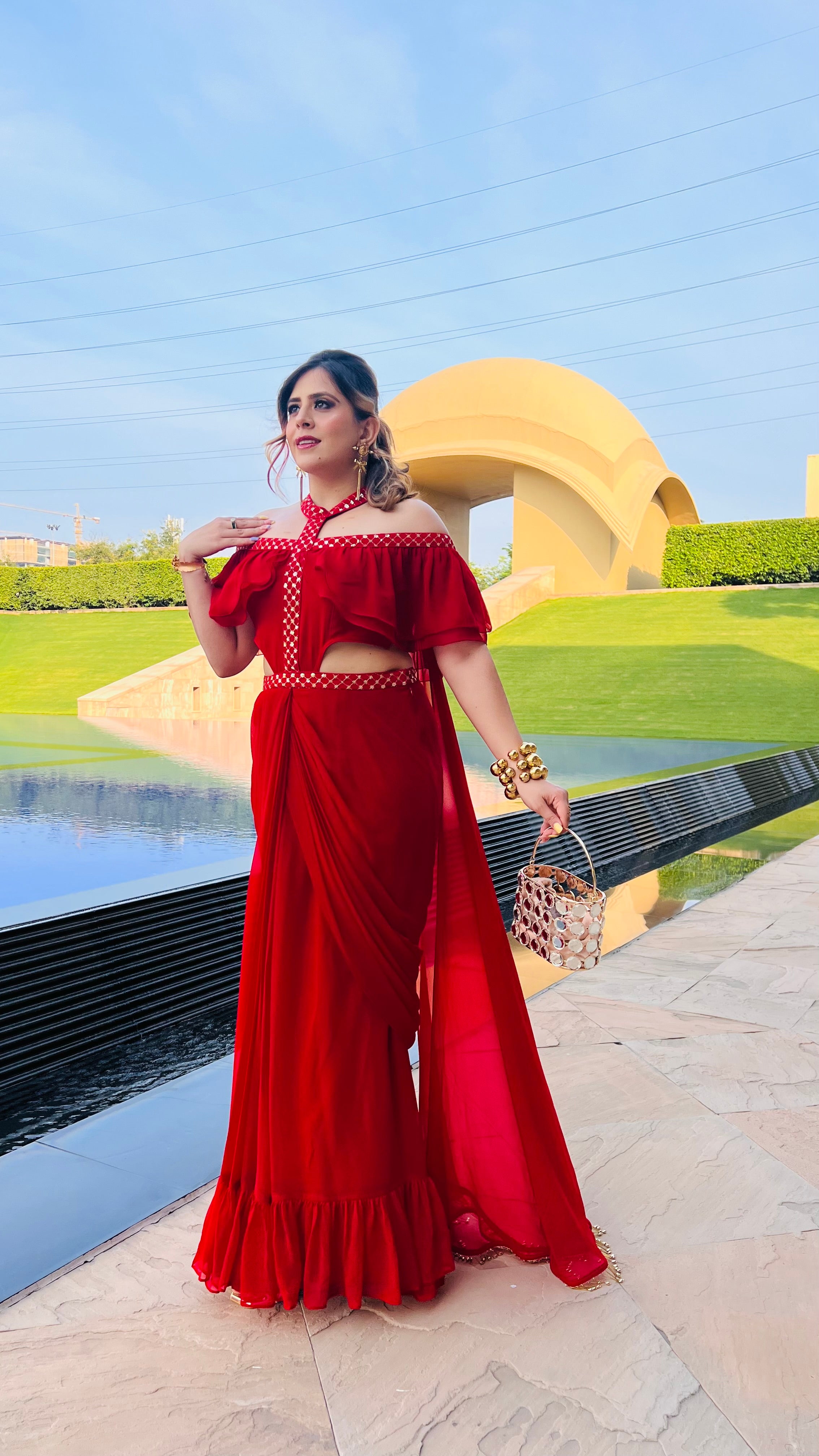 Off Shoulder Red Saree