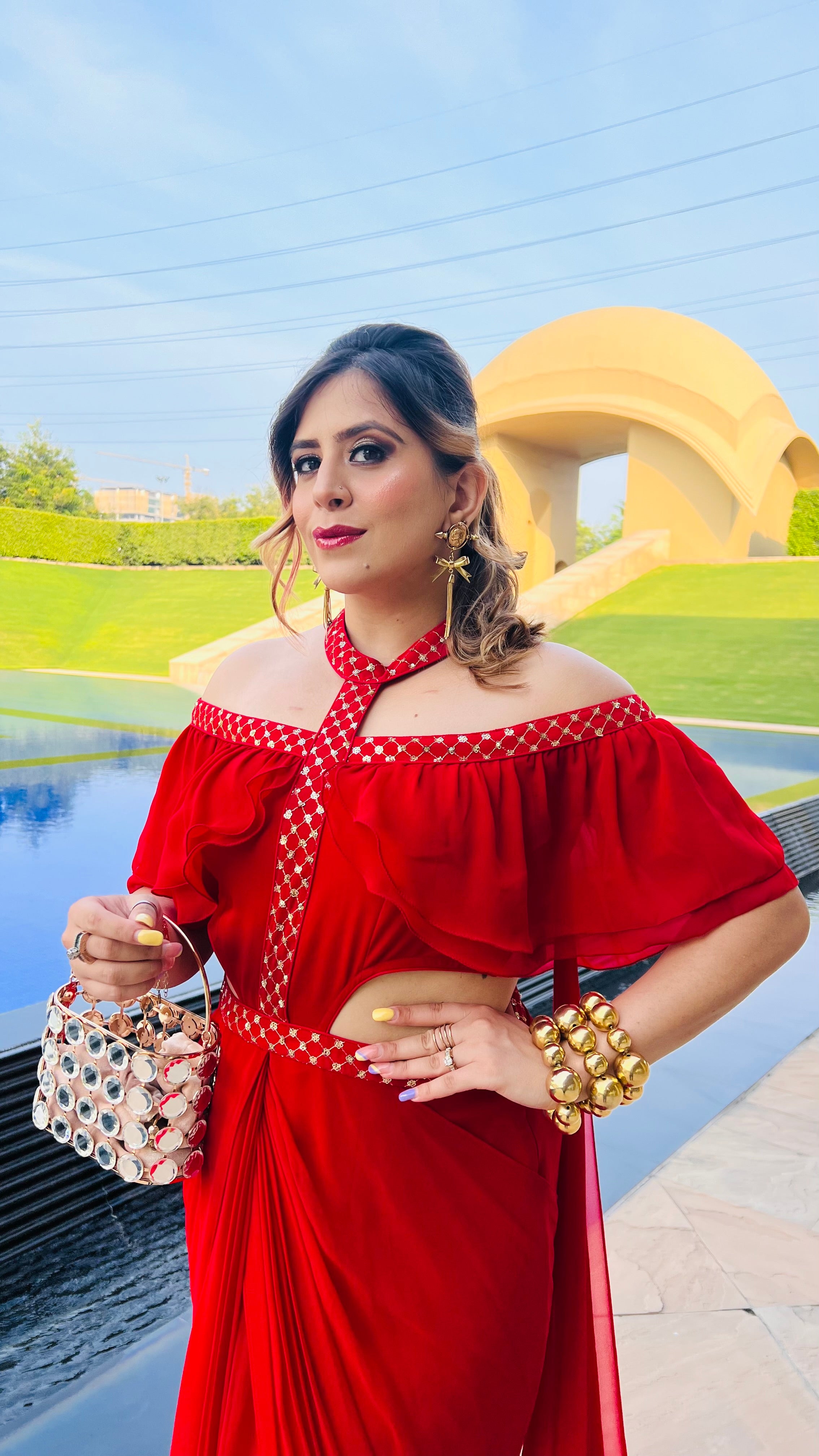 Off Shoulder Red Saree