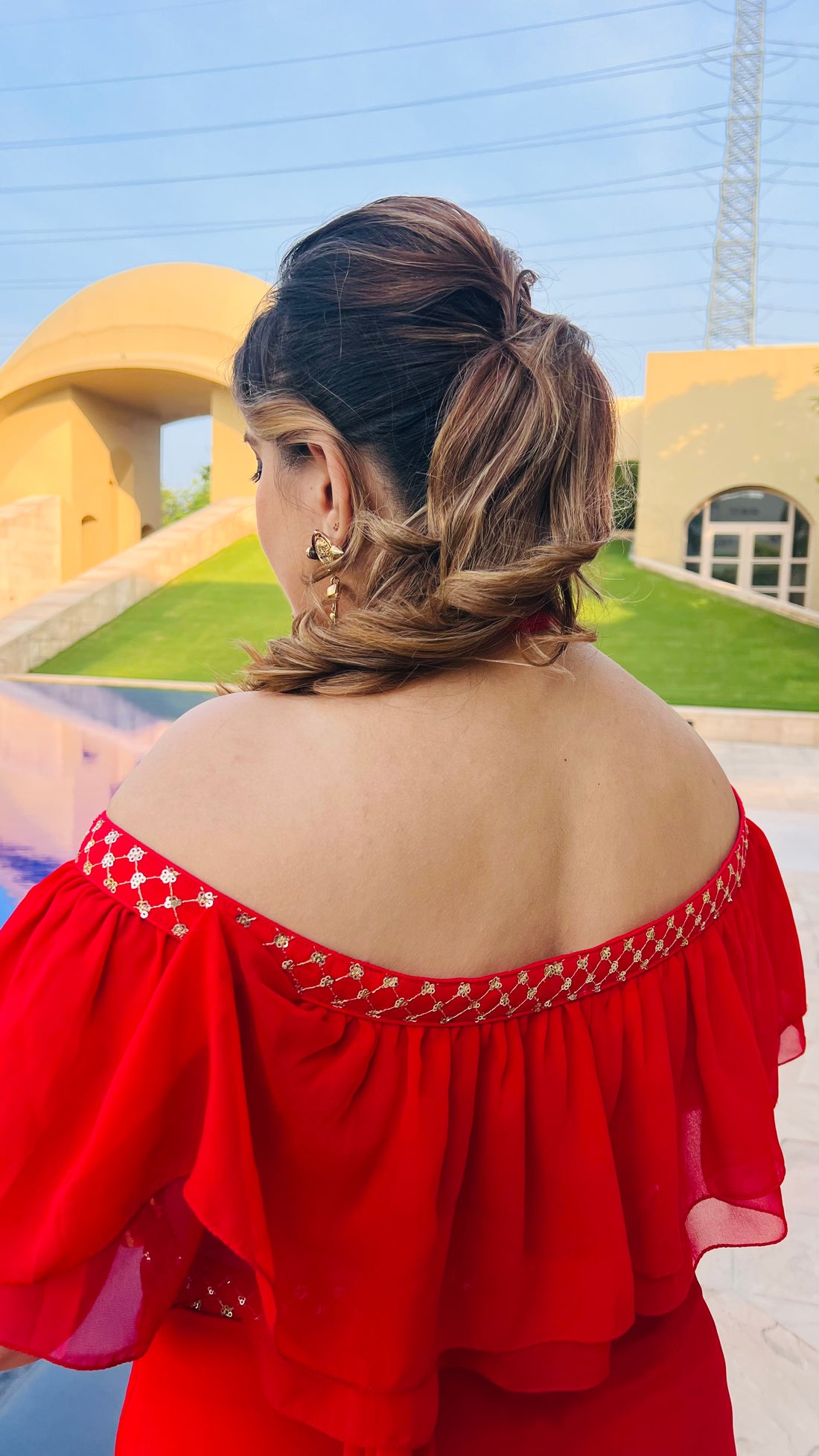 Off Shoulder Red Saree