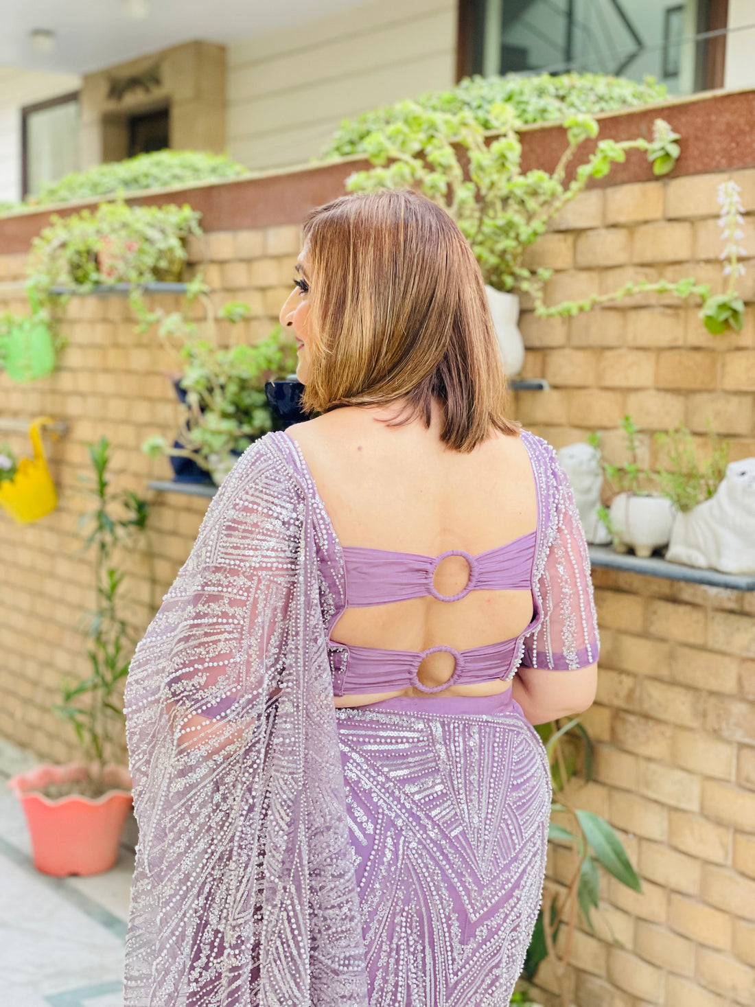 Mauve Panelled Fish Cut Saree