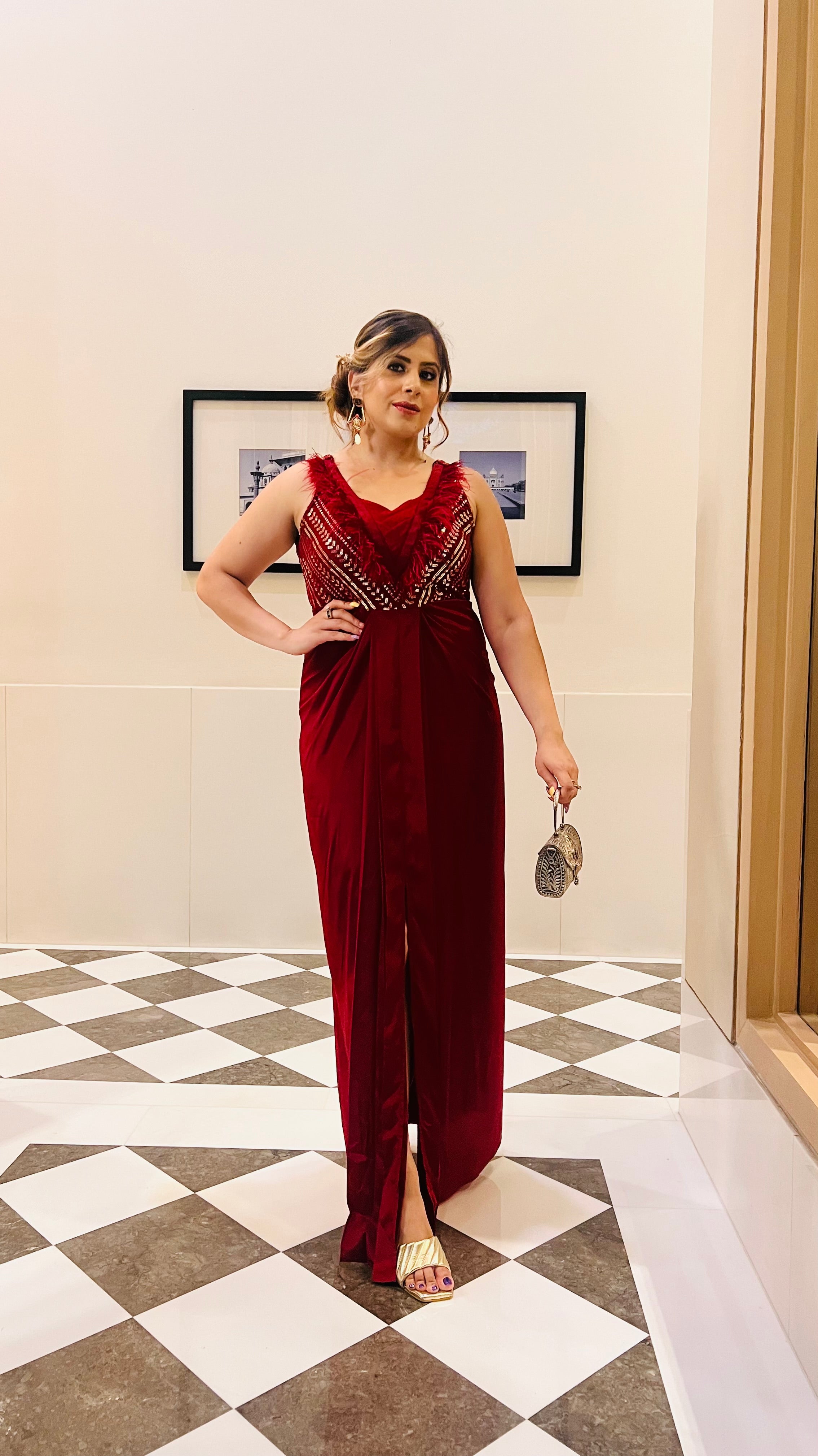 Maroon Fur Cocktail Drape