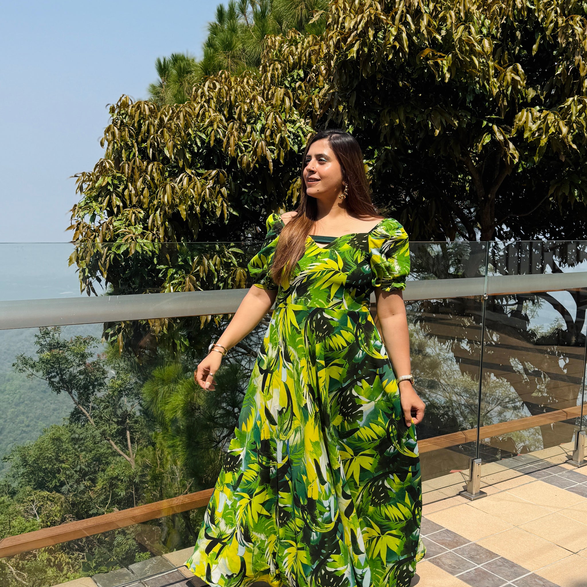 Green Tropical Print Maxi Dress with Puff Sleeves – Lakhina Couture
