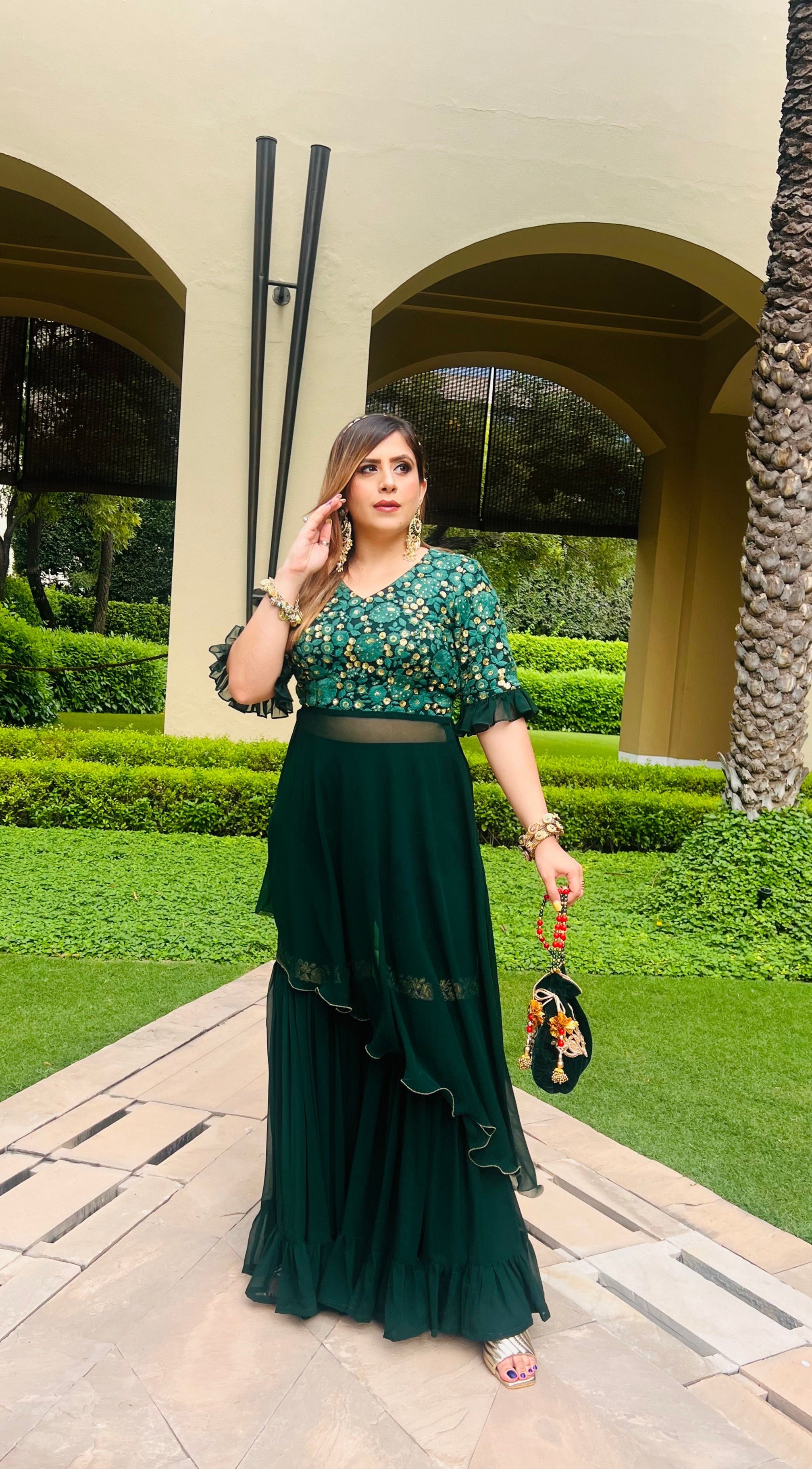 Green High Low Garara Suit