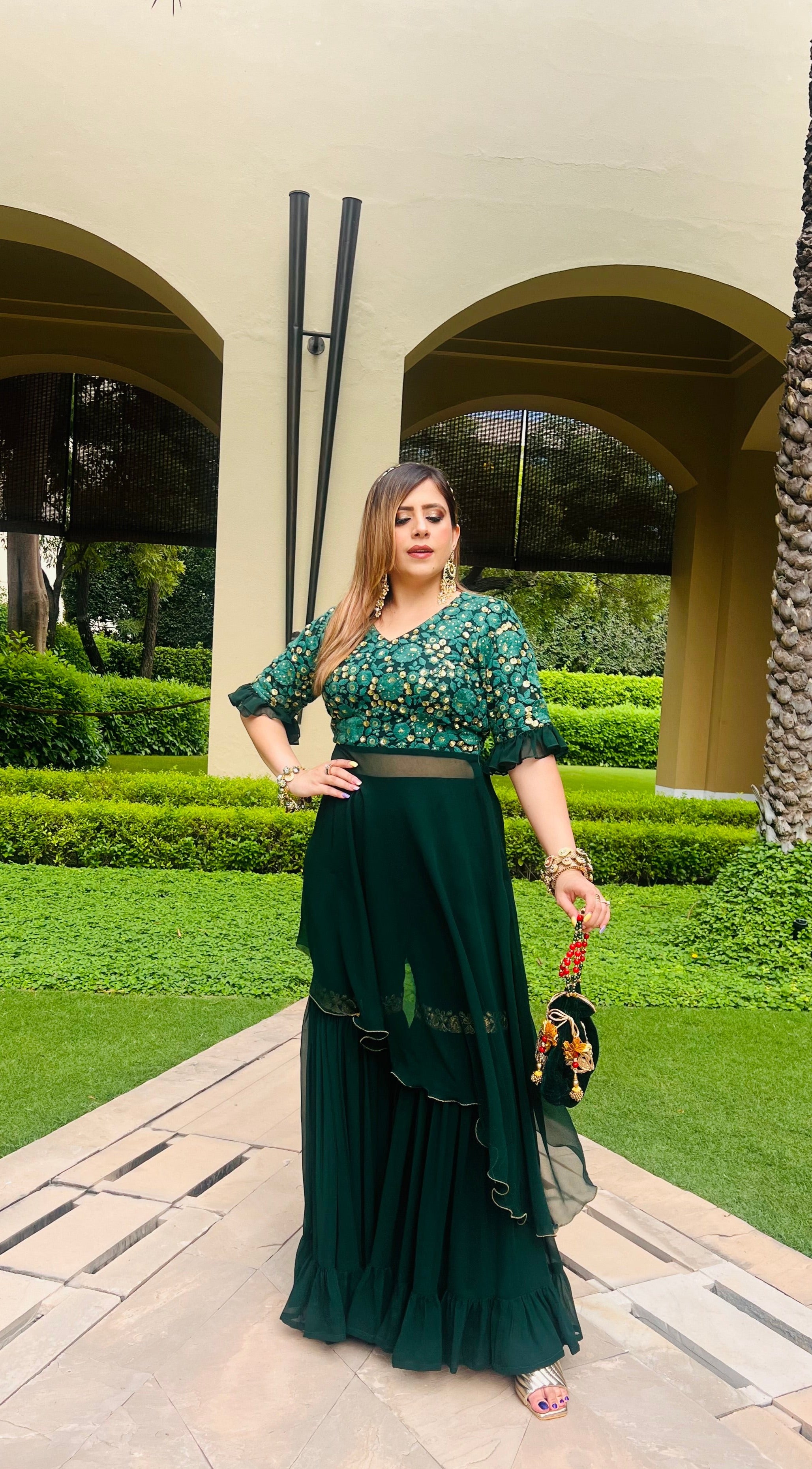 Green High Low Garara Suit