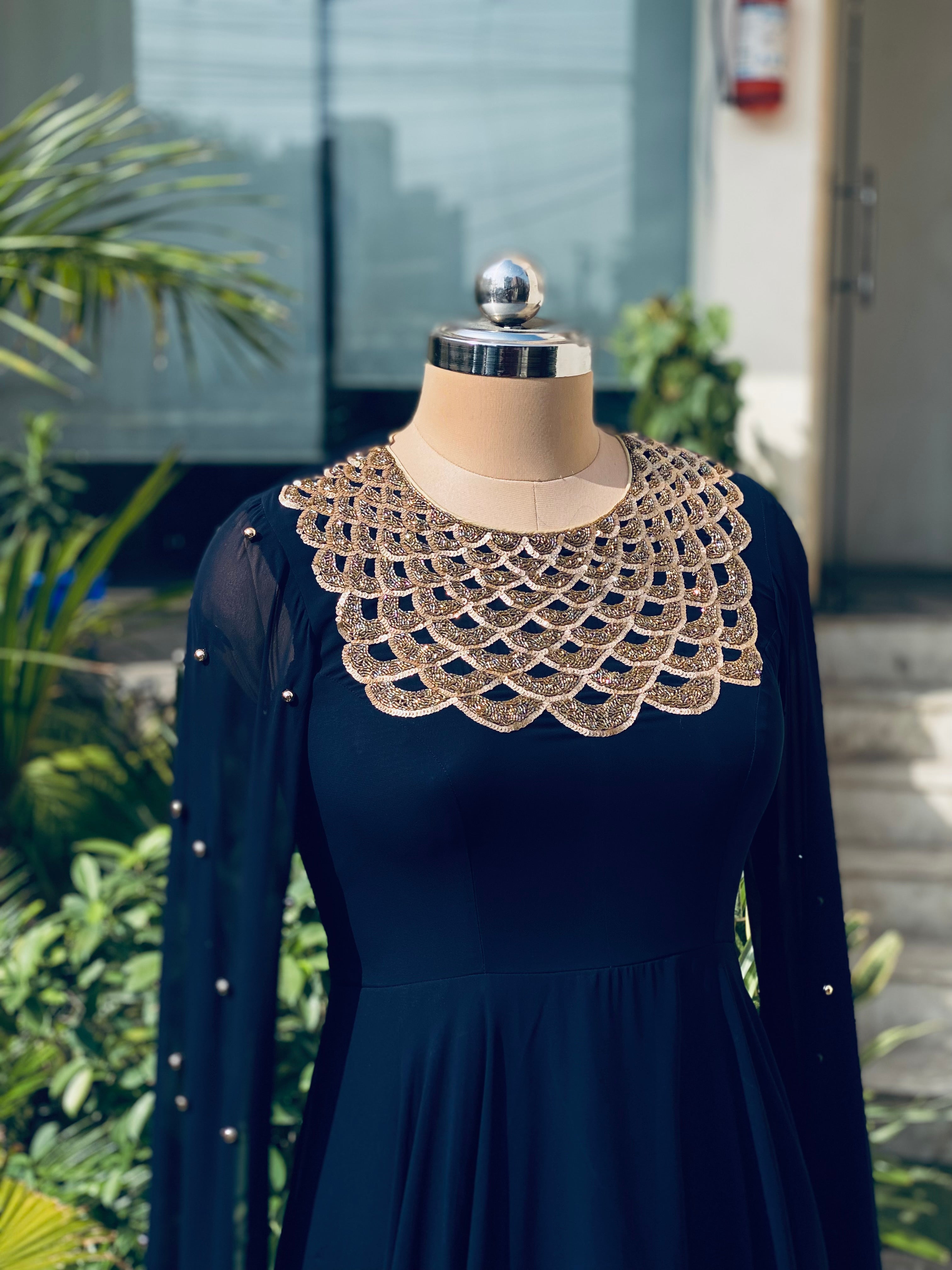 Navy Blue Embroidered Gown