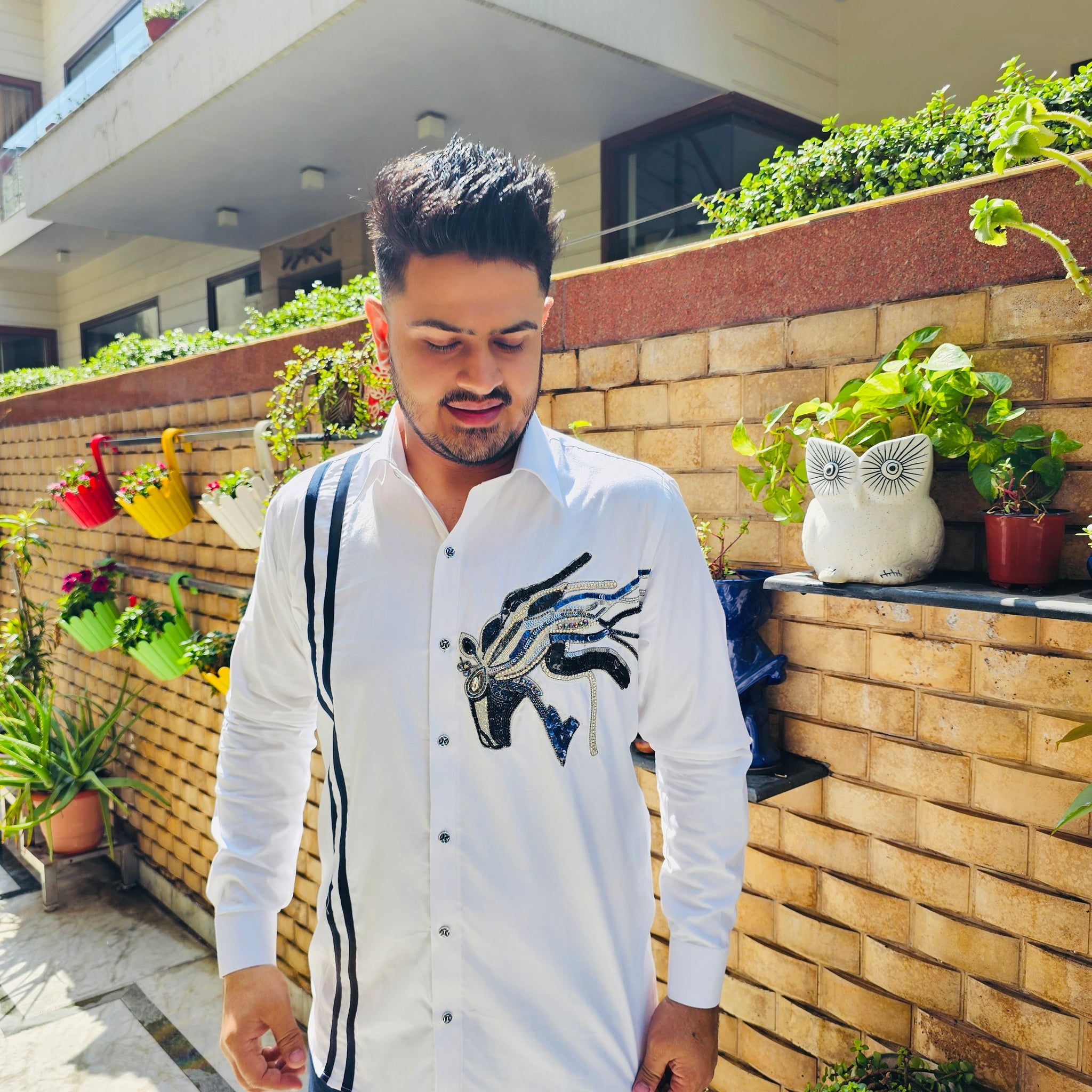 Menswear White Hand Embroidered Shirt