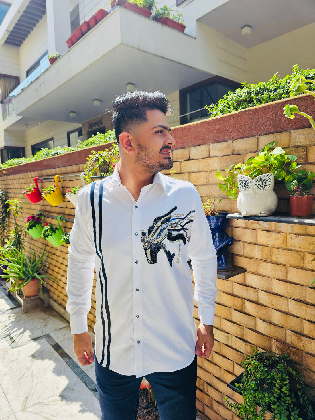 Menswear White Hand Embroidered Shirt