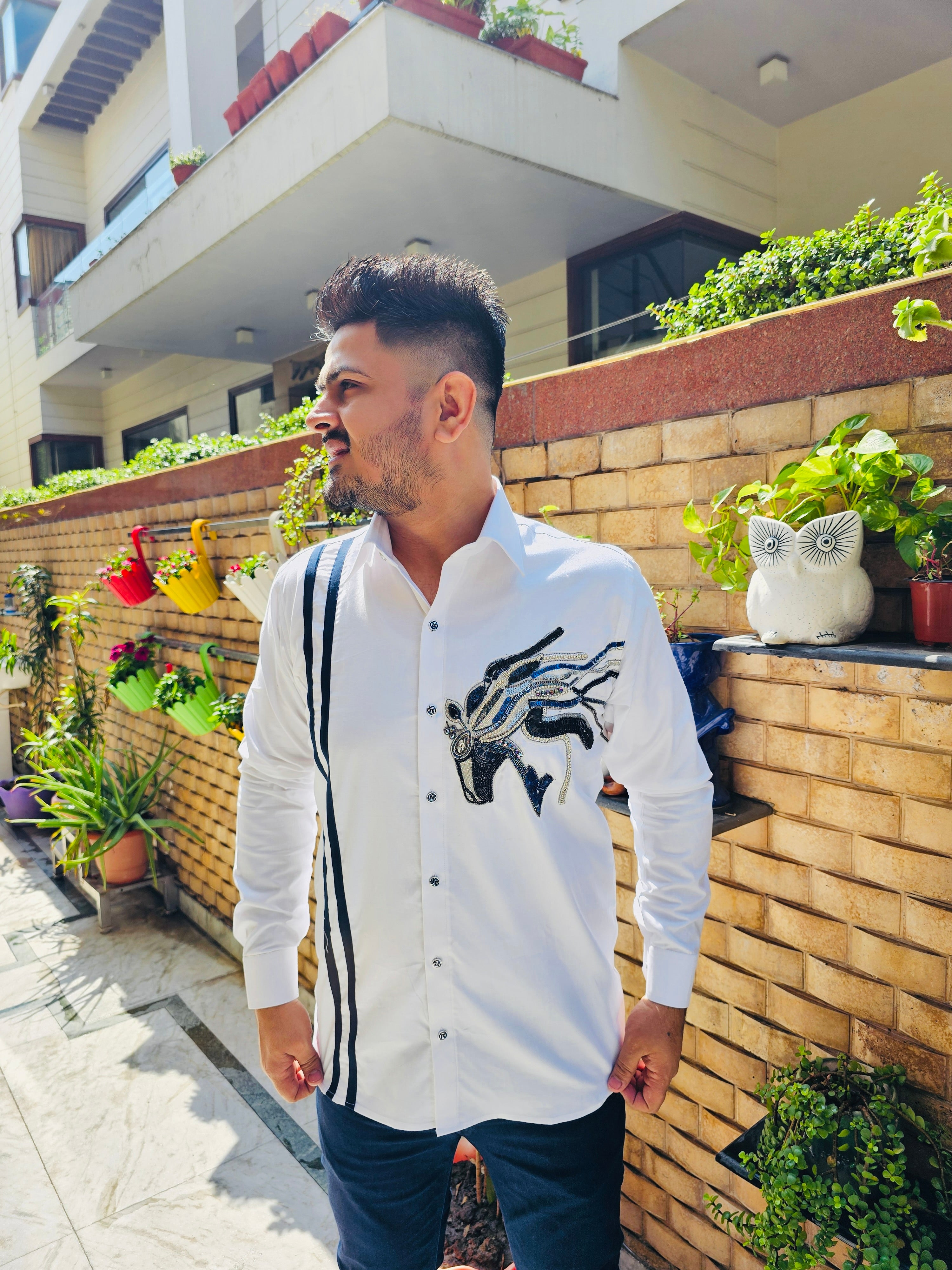 Menswear White Hand Embroidered Shirt