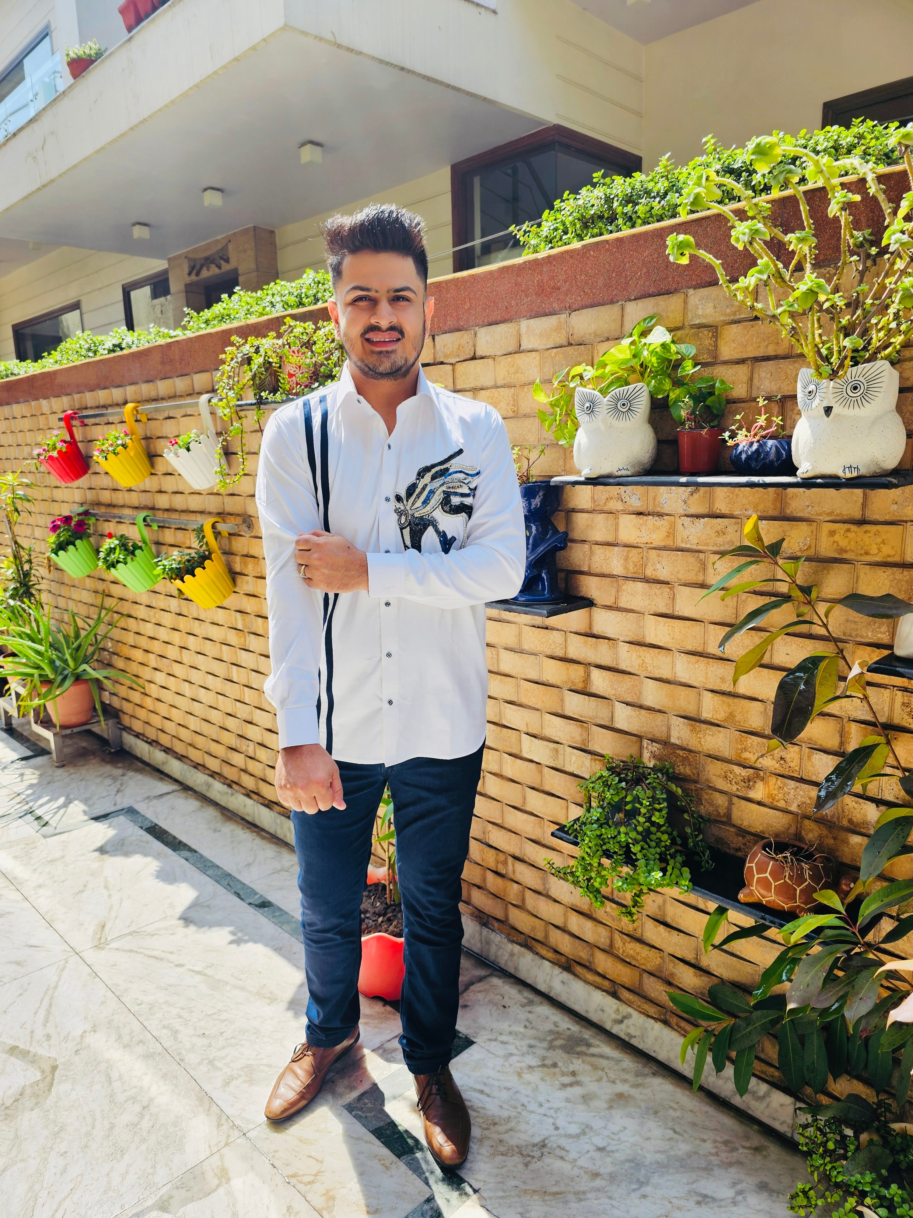 Menswear White Hand Embroidered Shirt