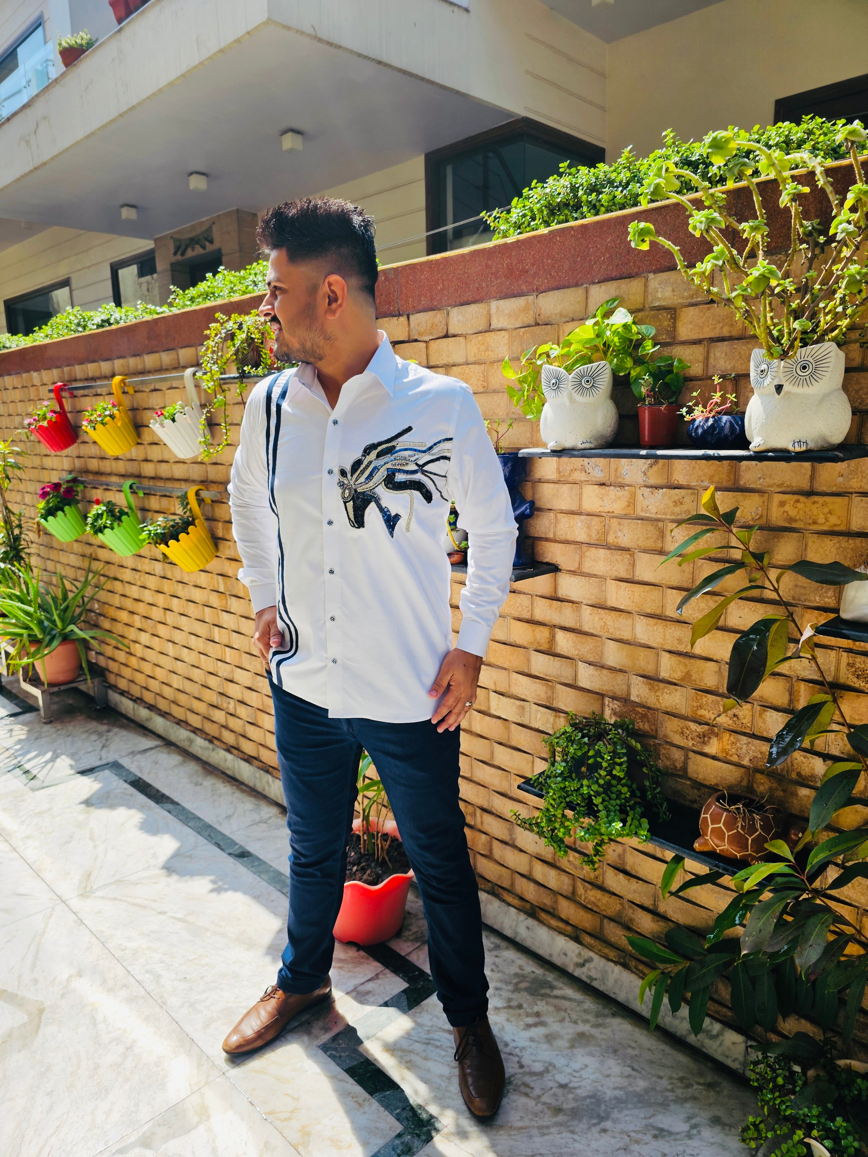 Menswear White Hand Embroidered Shirt