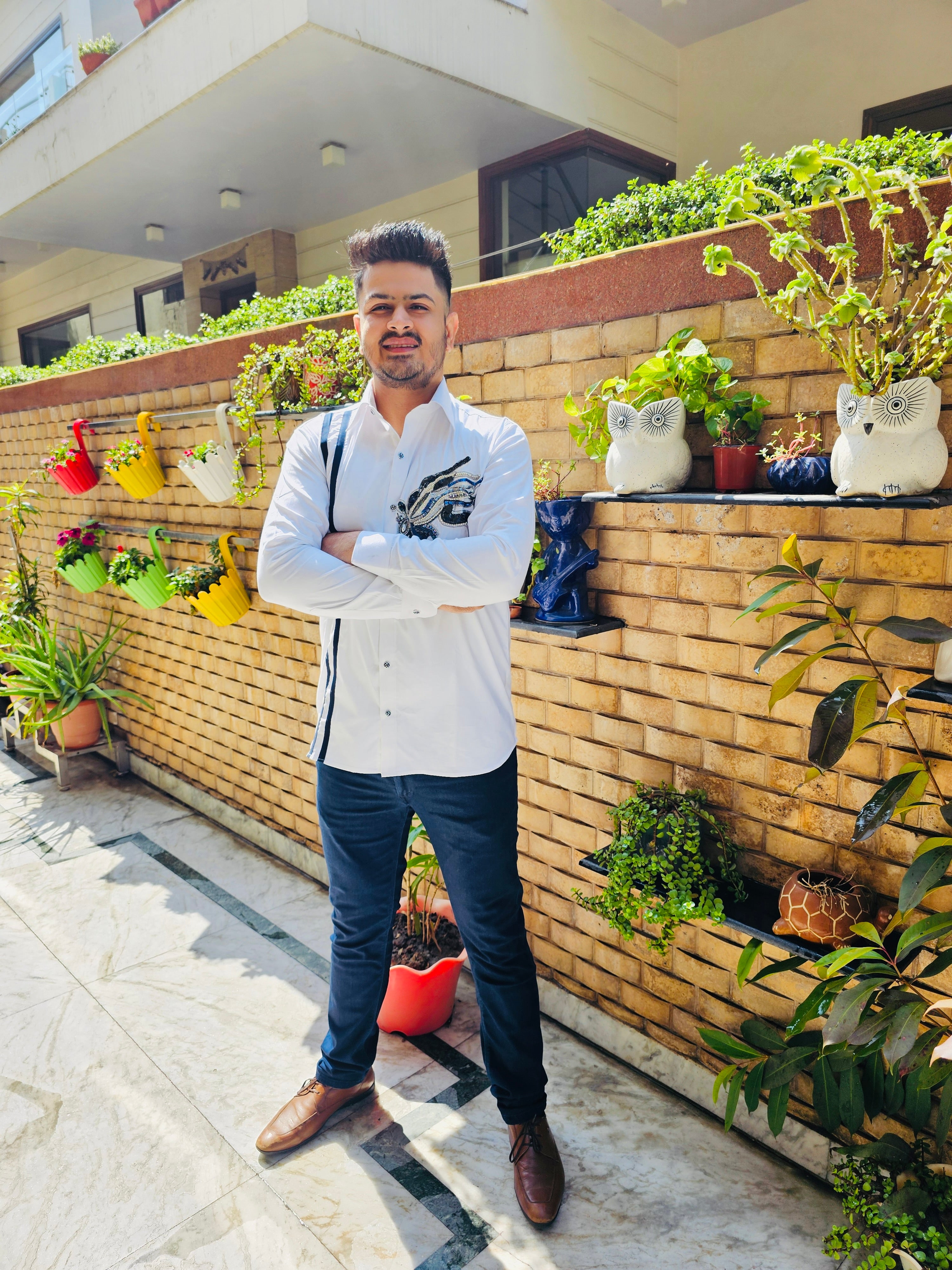 Menswear White Hand Embroidered Shirt