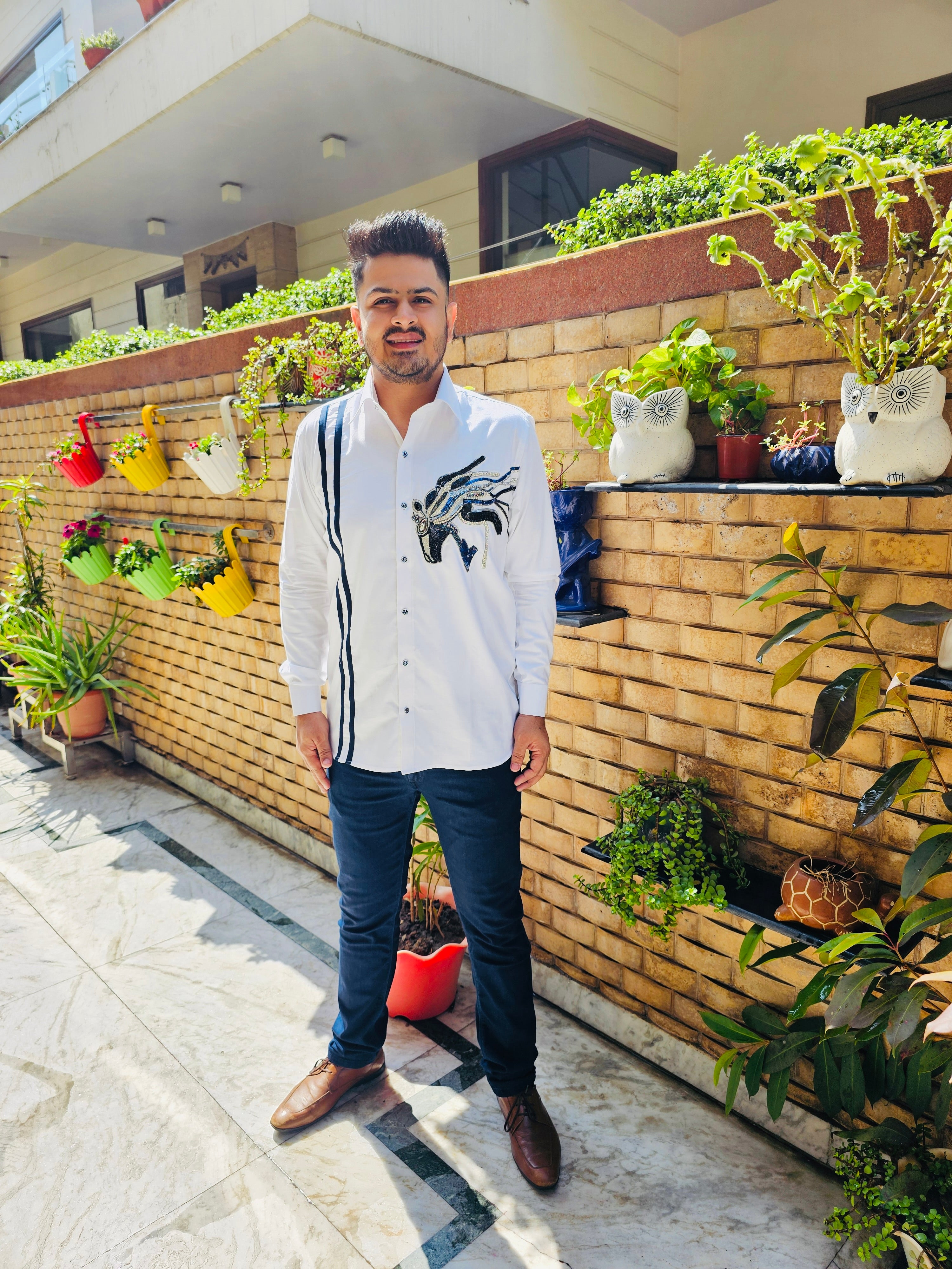 Menswear White Hand Embroidered Shirt