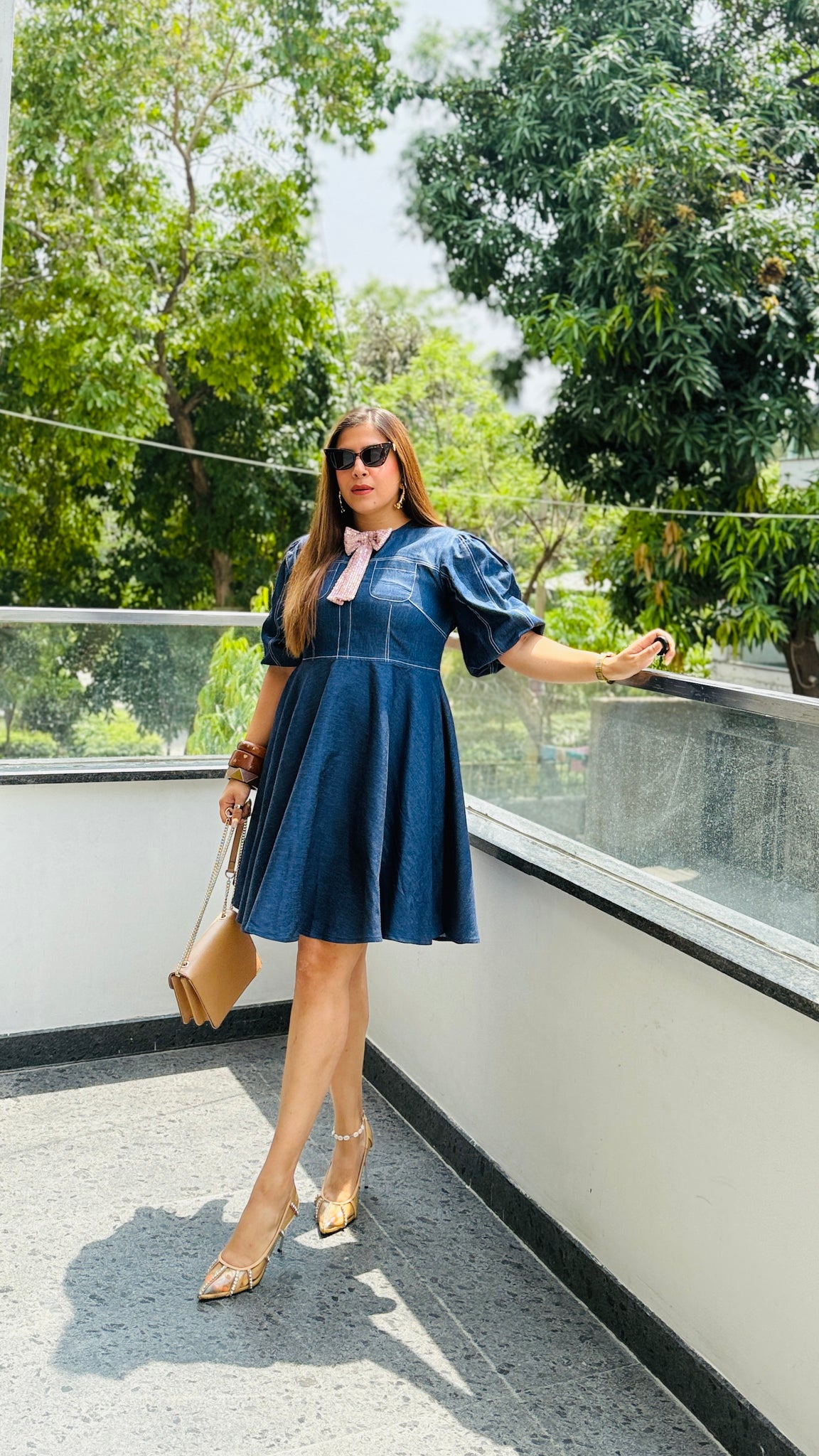 denim dress with bow tie Denim-Tie | Party Wear Dress Mini dress UMass Club Comedy Night Color:Blush multi and even metallics if 3for150