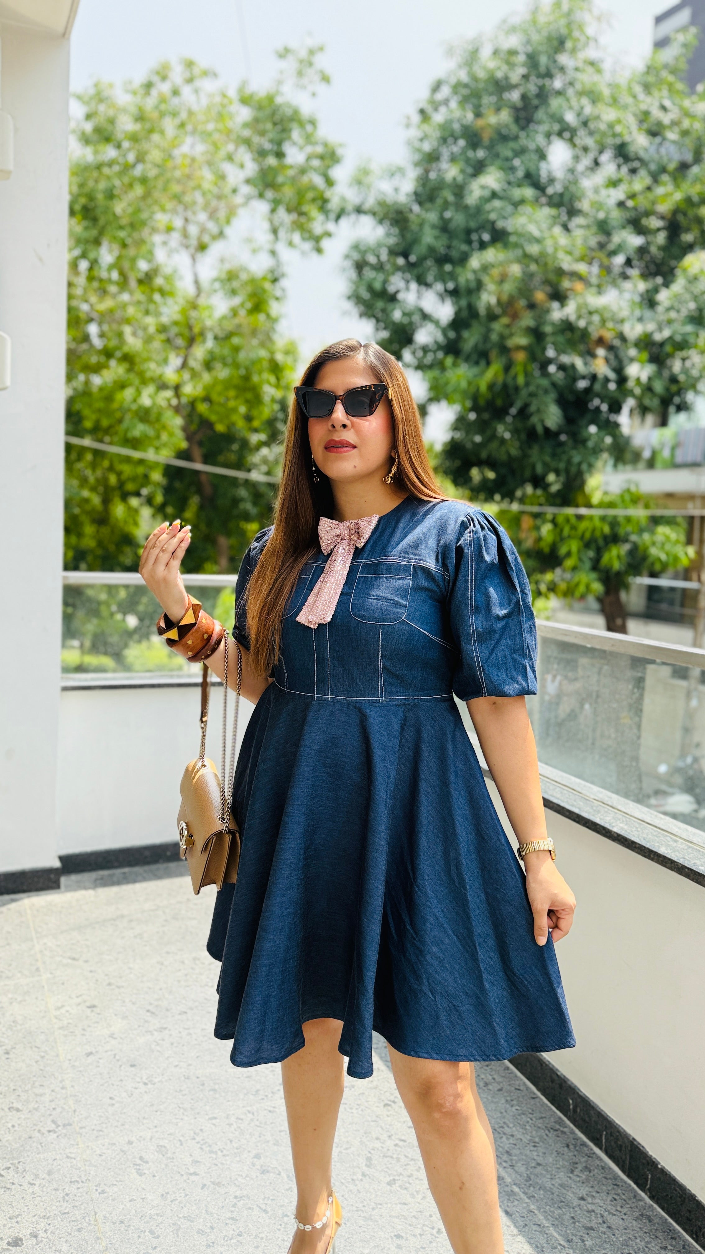 Denim-Tie Bow Dress