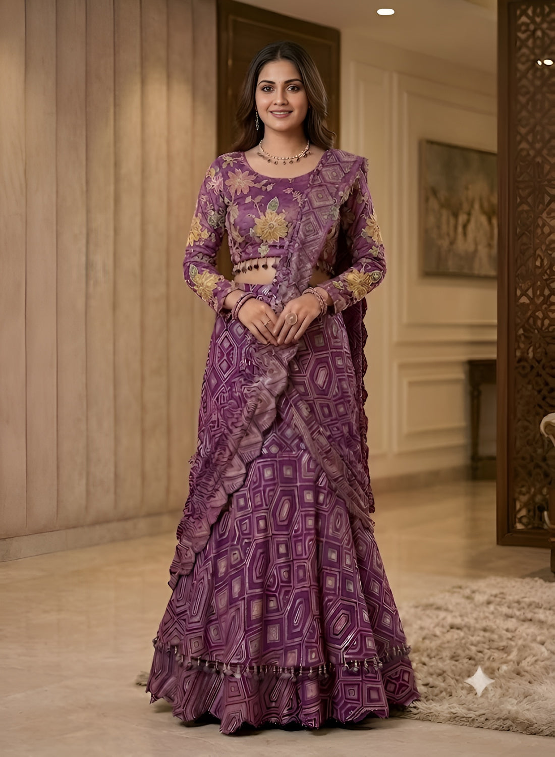 A woman models a purple and gold printed traditional Indian gown with a matching embroidered blouse in an indoor hallway setting.