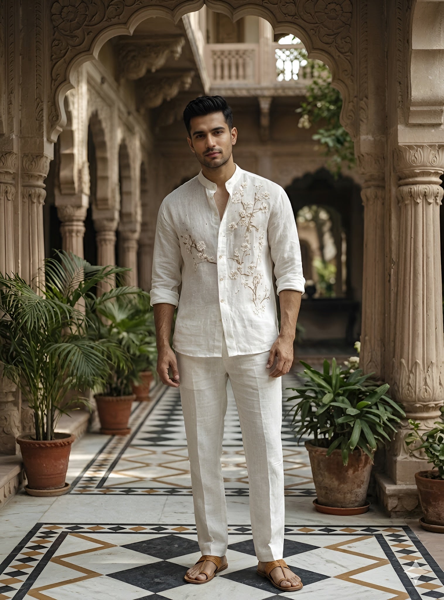 Men’s Linen Floral Embroidered Shirt
