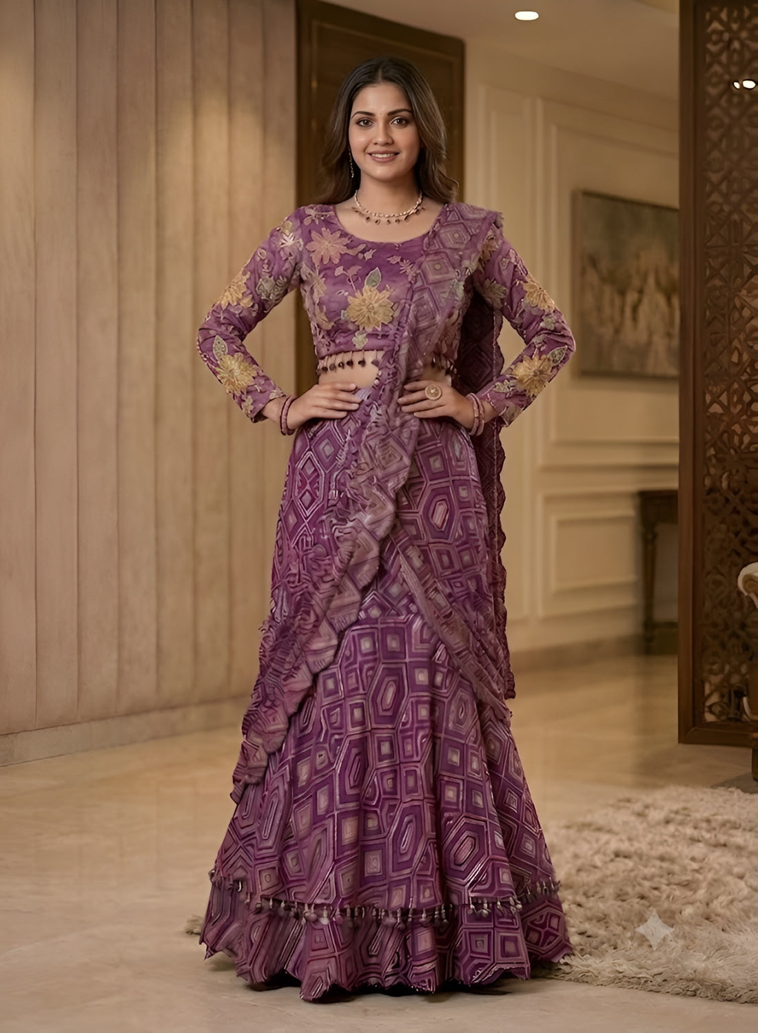 A woman models a purple and gold printed traditional Indian gown with a matching embroidered blouse in an indoor hallway setting.