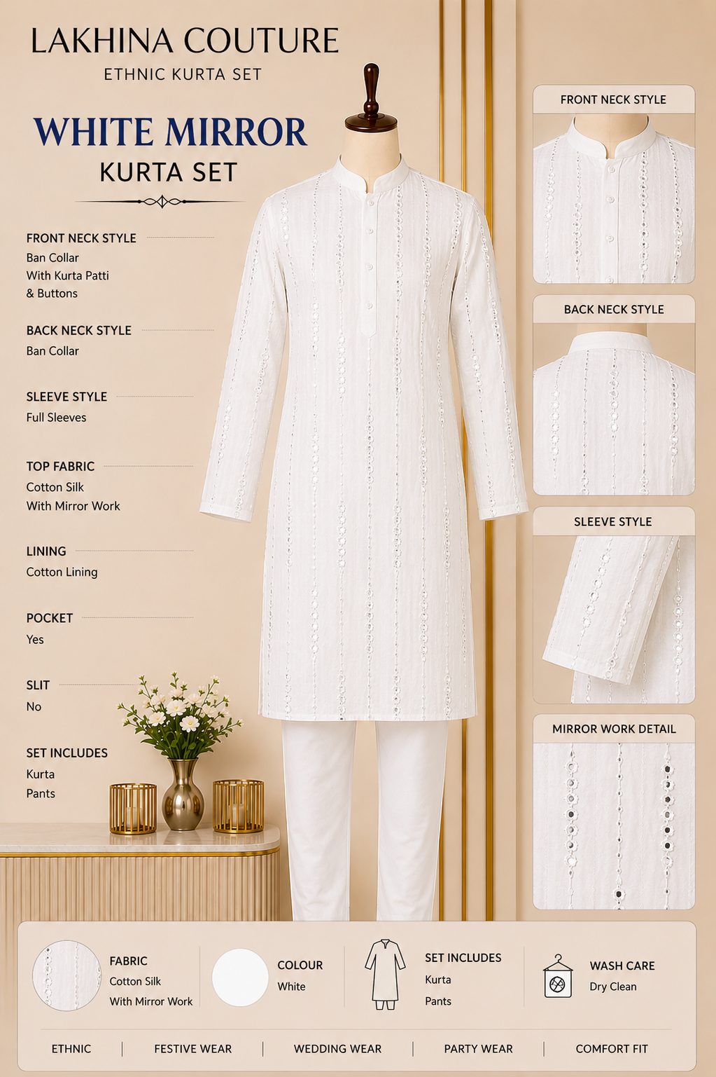 White Mirror Work Cotton Silk Kurta with Pants