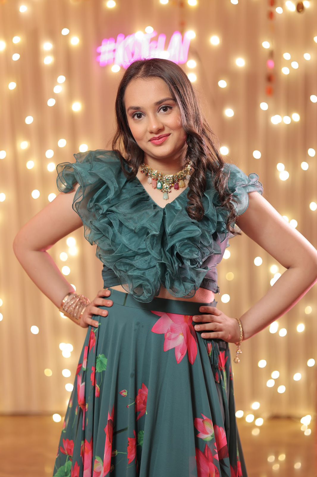 Forest Green Ruffle Floral Lehenga