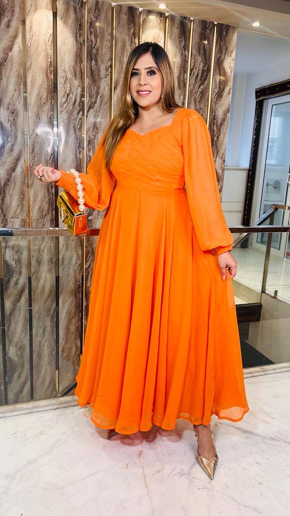 Orange Pleated Stunning Gown