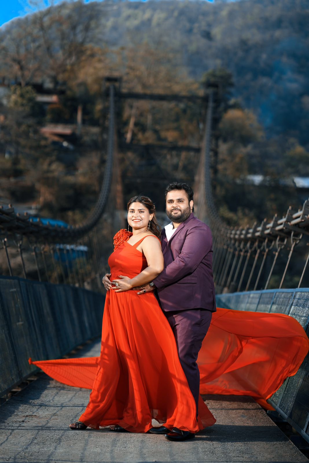 Red 3D Flower Trail Gown