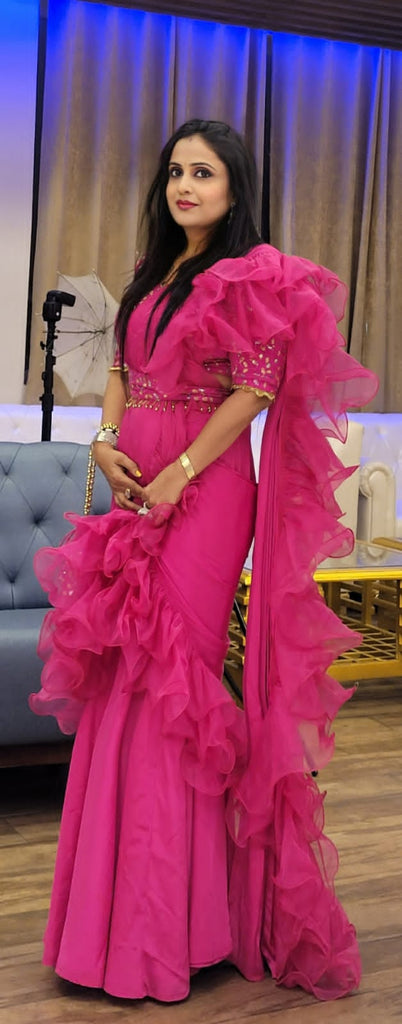 Hot Pink Ruffle Saree with Belt & Bag