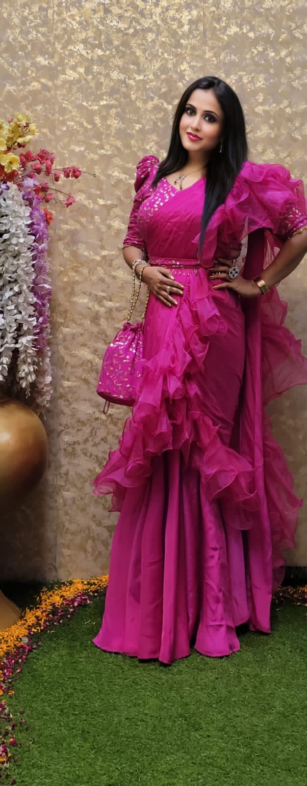 Hot Pink Ruffle Saree with Belt & Bag