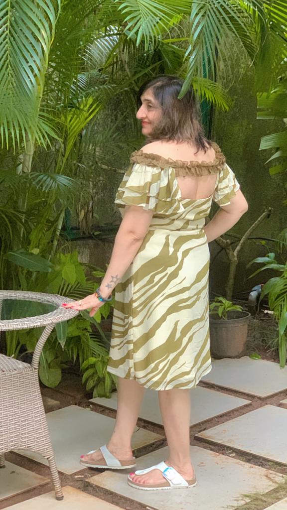 Cream Olive Zebra Printed Midi