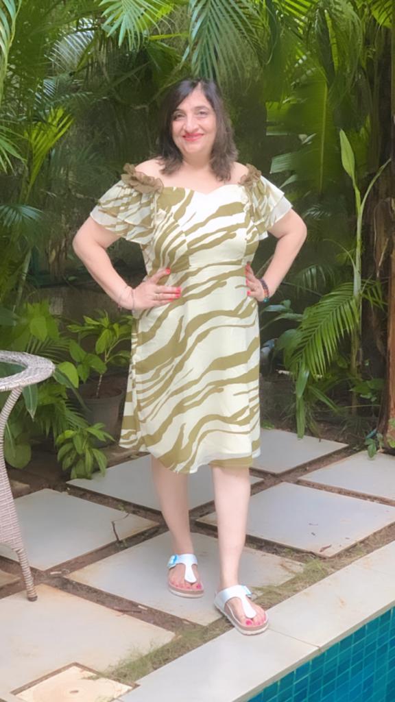 Cream Olive Zebra Printed Midi